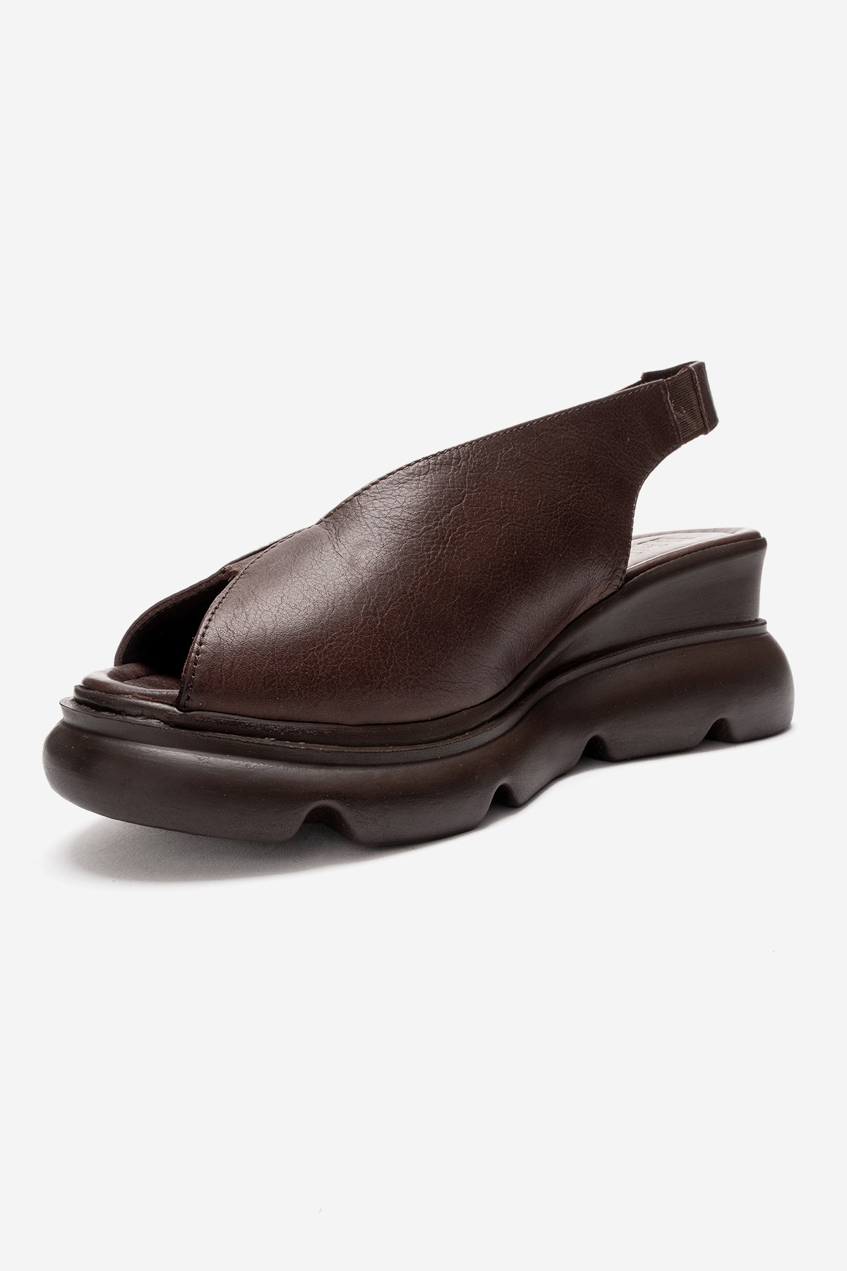 SAM - Brown Genuine Leather Wedge Sandal – heel view showing leather, Vowalisse