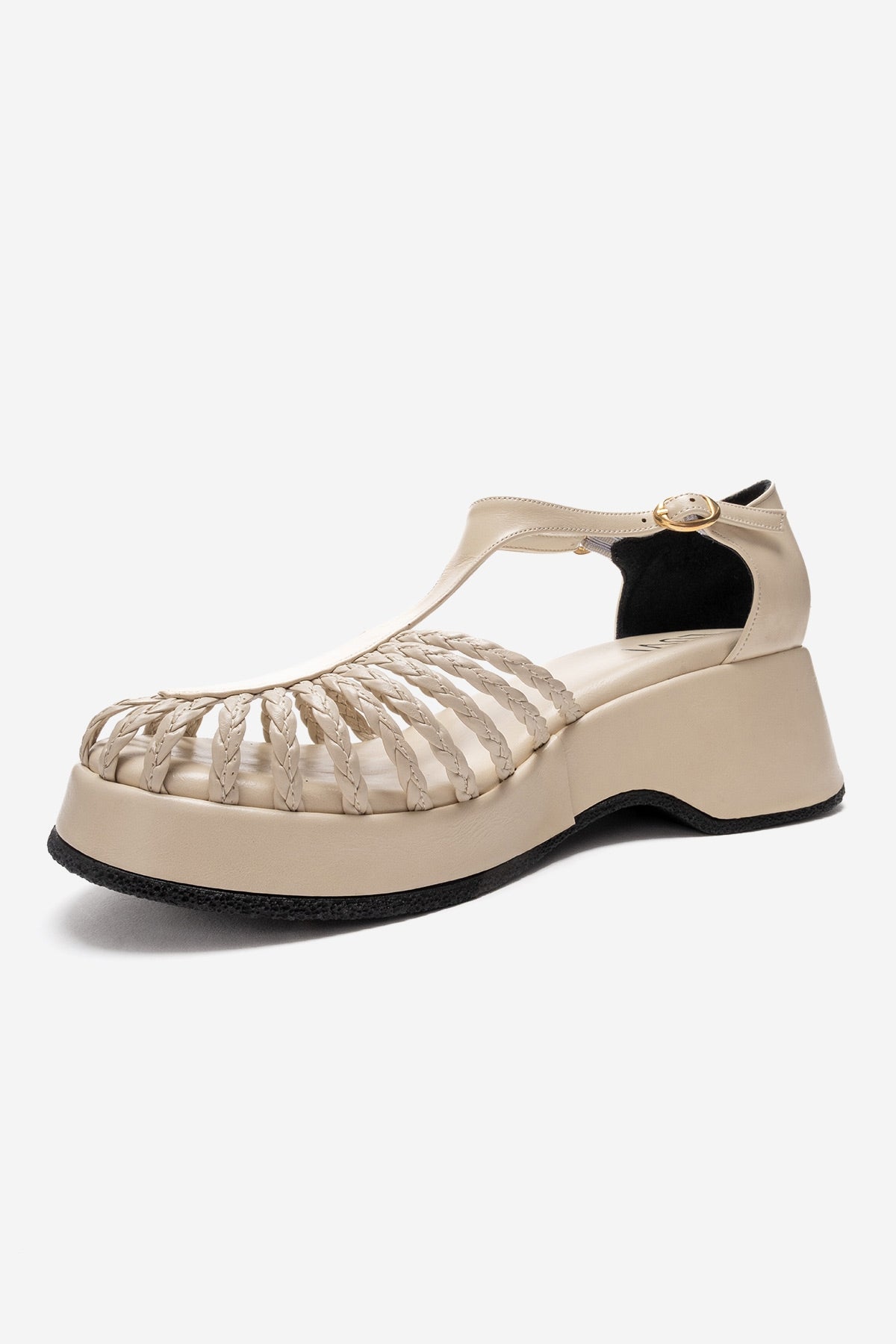 Barry - Beige Genuine Leather Woven Detail Wedge Heel Sandal – heel view showing leather, Vowalisse