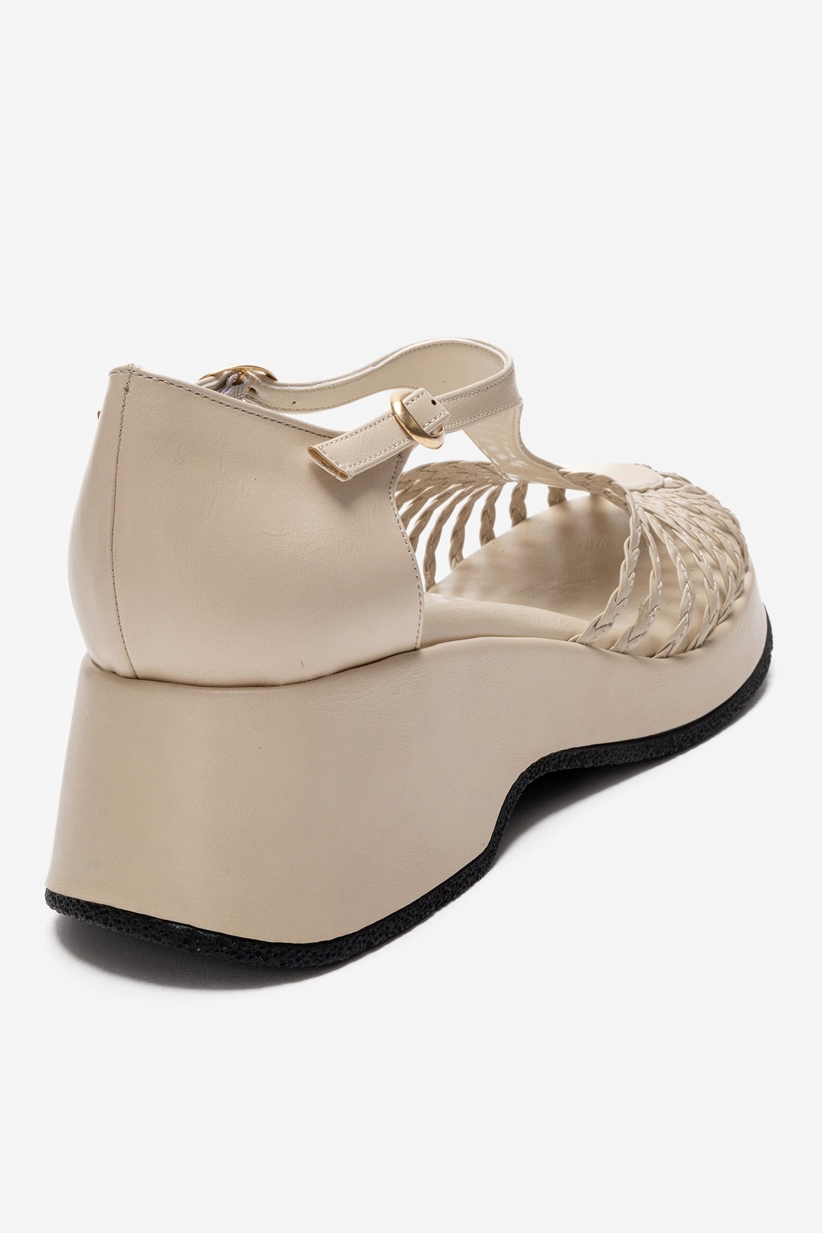 Barry - Beige Genuine Leather Woven Detail Wedge Heel Sandal – back view showing leather, Vowalisse