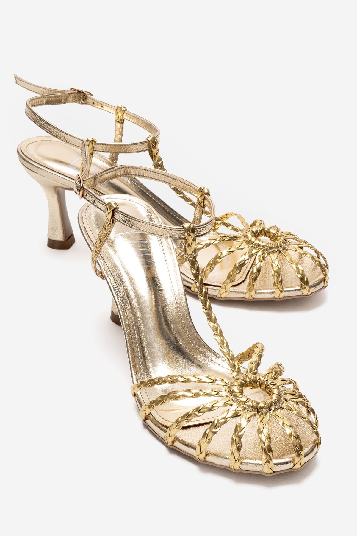 Gerald - Gold Genuine Leather Woven Strap Stiletto Pump – front three-quarter view showing leather, gold, Vowalisse