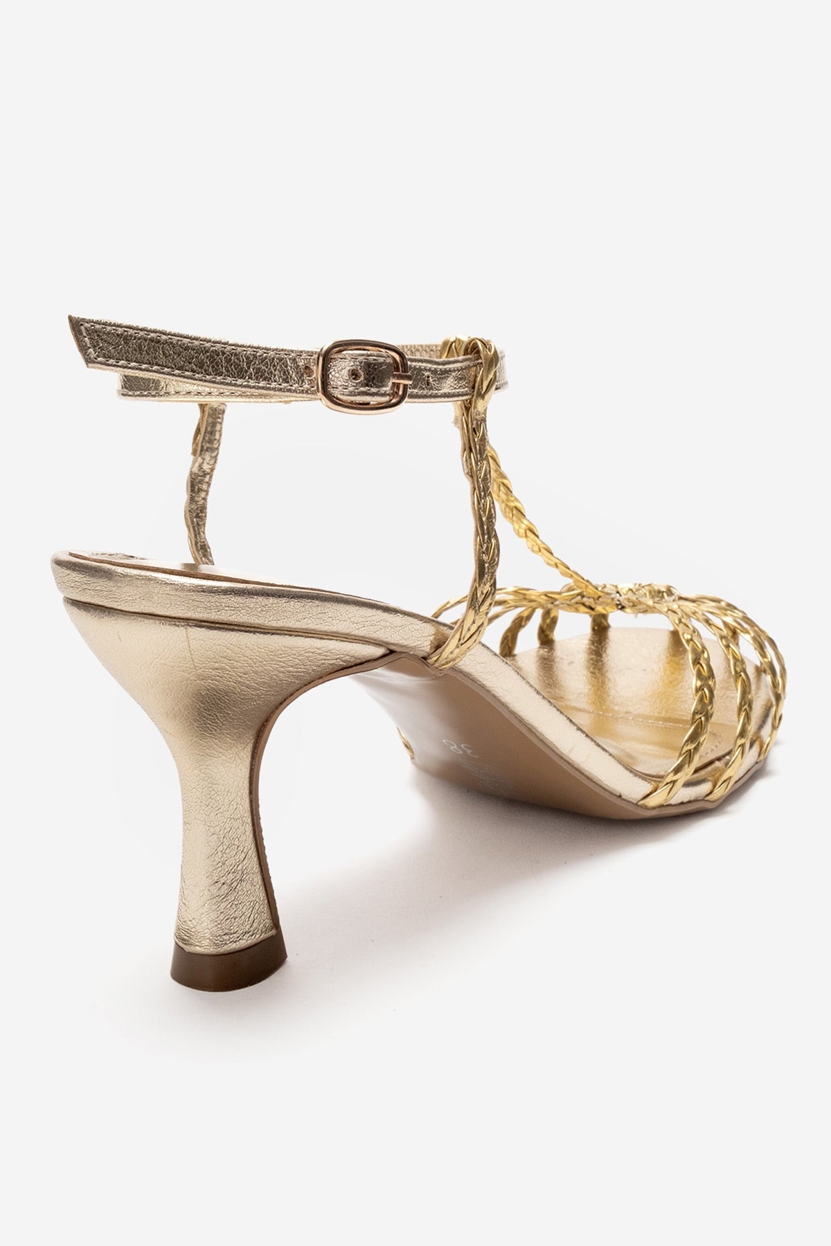 Gerald - Gold Genuine Leather Woven Strap Stiletto Pump – back view showing leather, gold, Vowalisse
