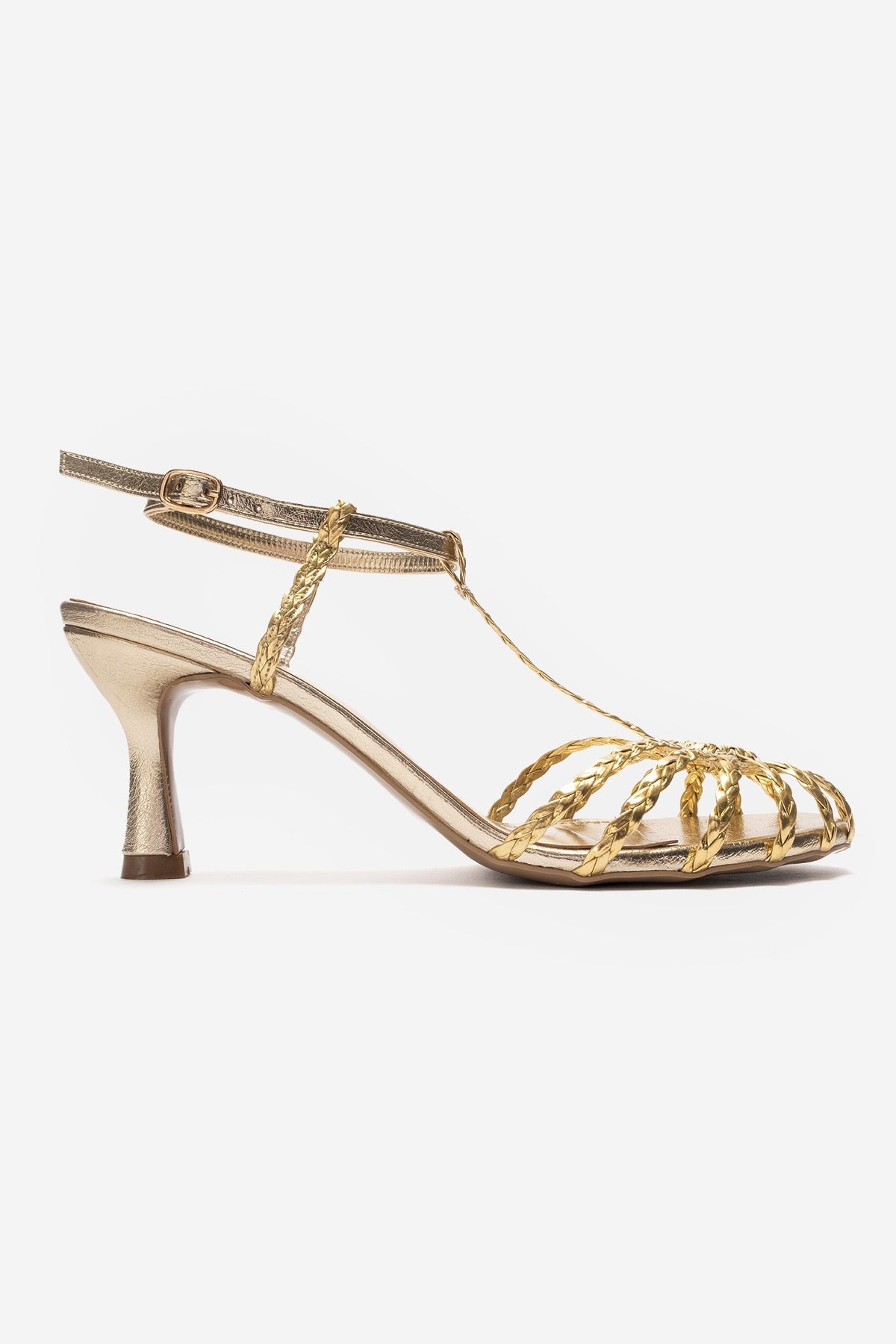 Gerald - Gold Genuine Leather Woven Strap Stiletto Pump – top view showing leather, gold, Vowalisse