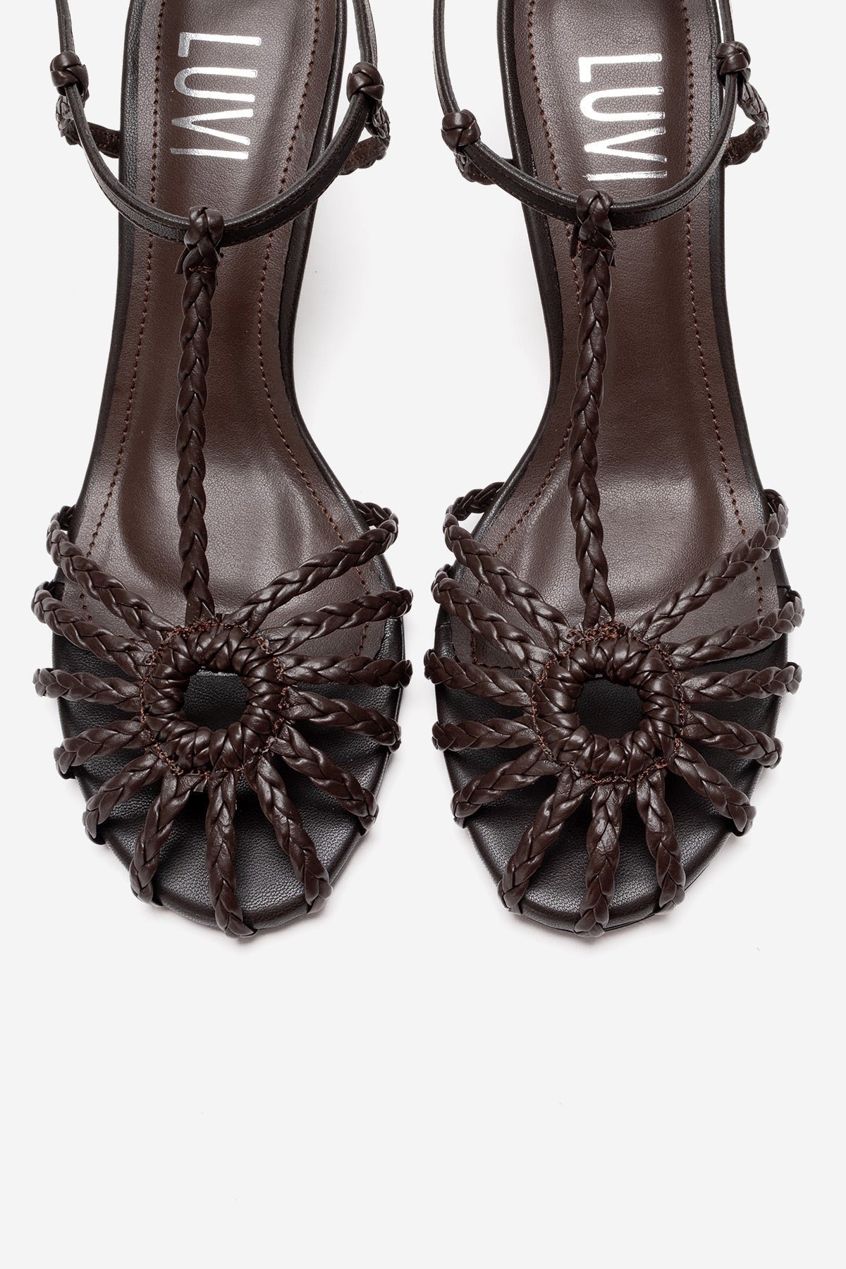 Gerald - Brown Genuine Leather Woven Strap Stiletto Pump – side view showing leather, Vowalisse