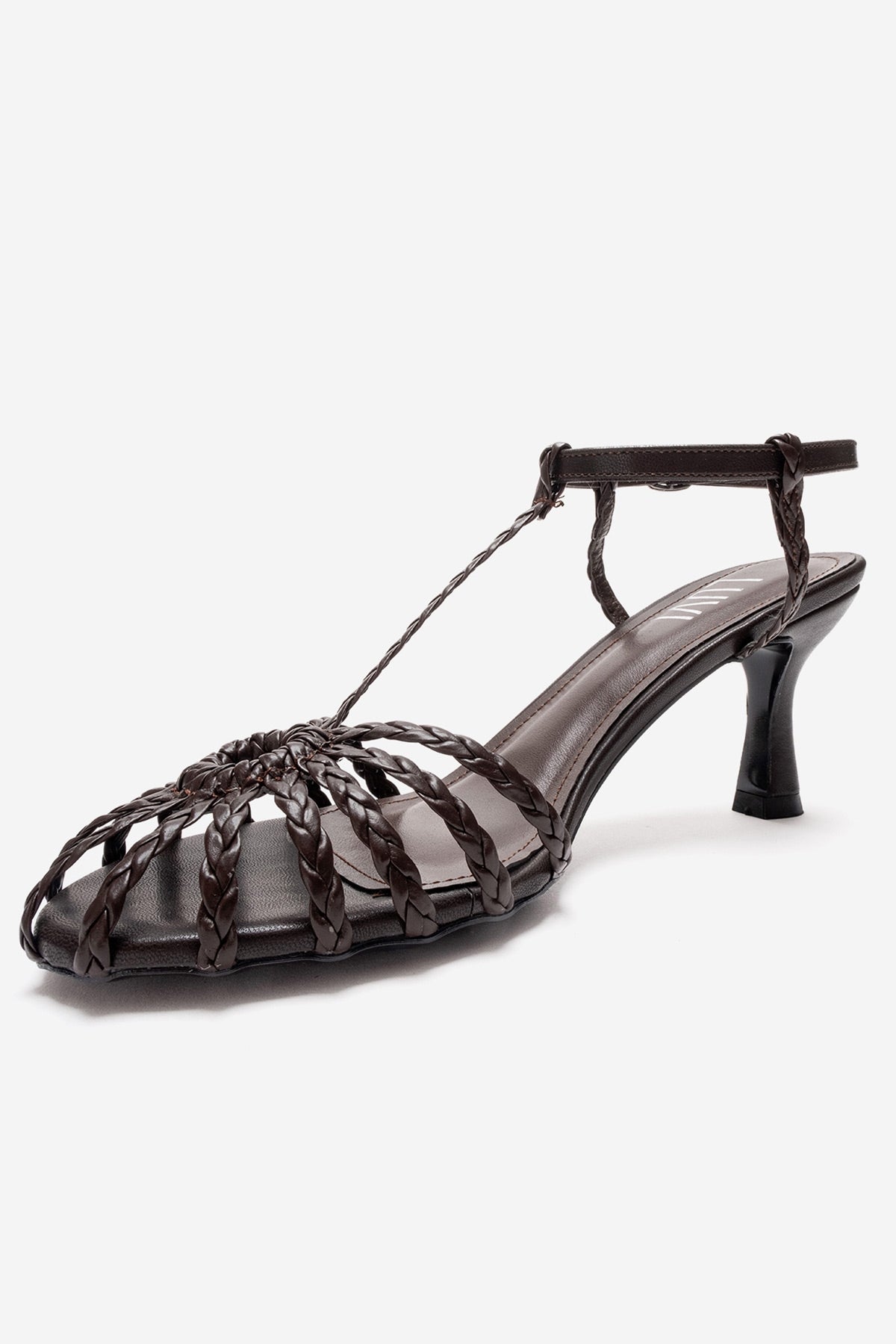Gerald - Brown Genuine Leather Woven Strap Stiletto Pump – heel view showing leather, Vowalisse