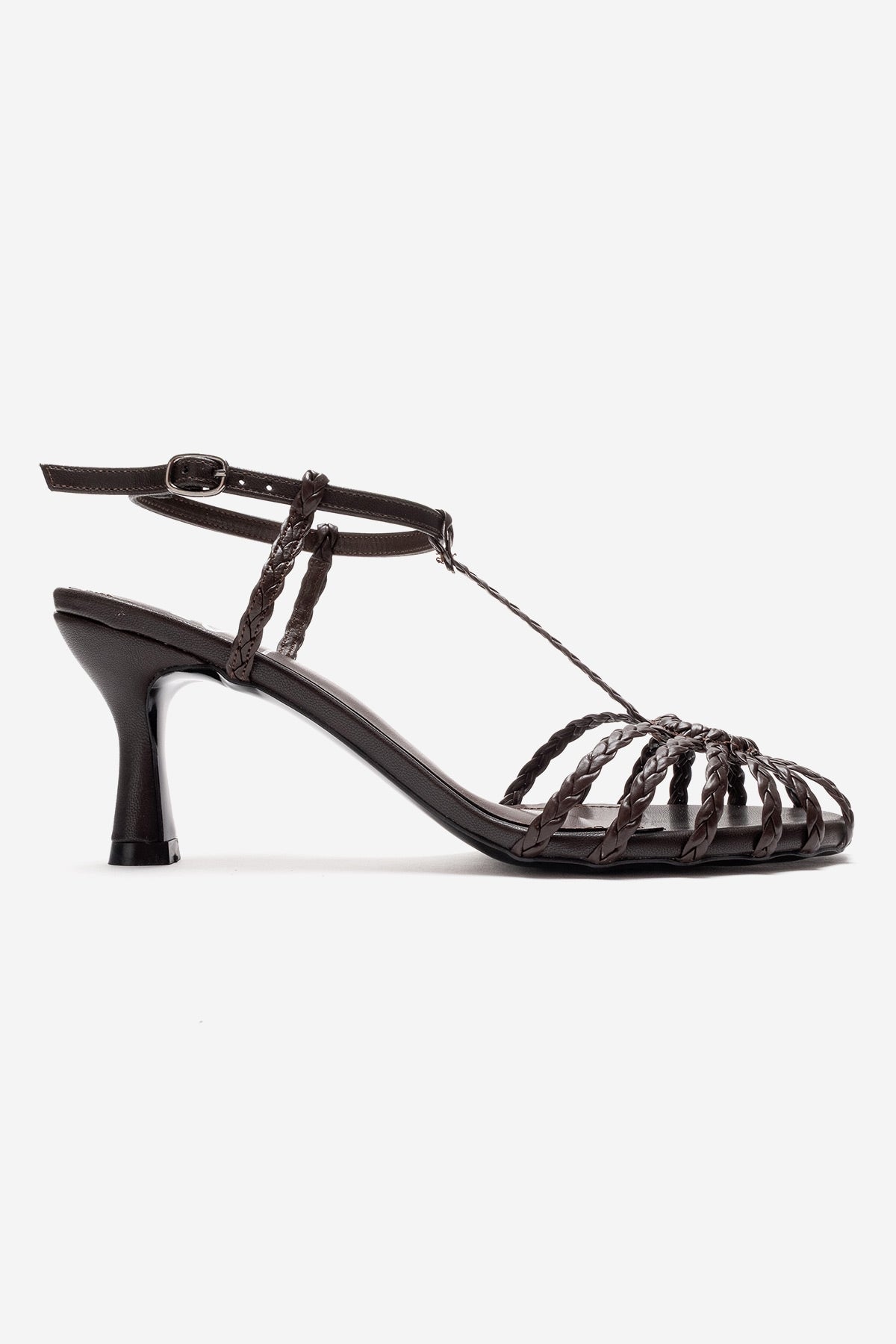 Gerald - Brown Genuine Leather Woven Strap Stiletto Pump – top view showing leather, Vowalisse
