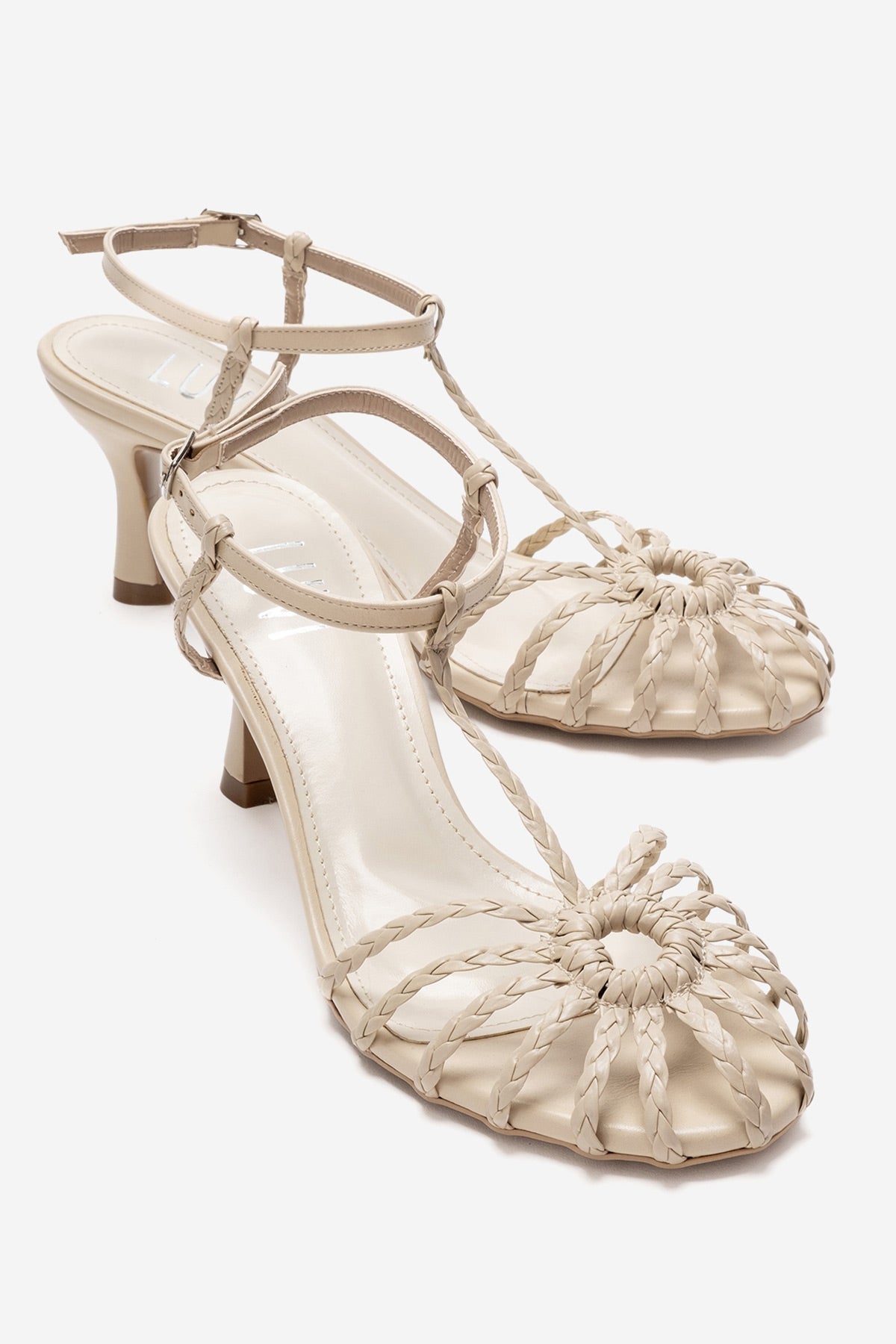 Gerald - Beige Genuine Leather Woven Strap Stiletto Pump – front three-quarter view showing leather, Vowalisse