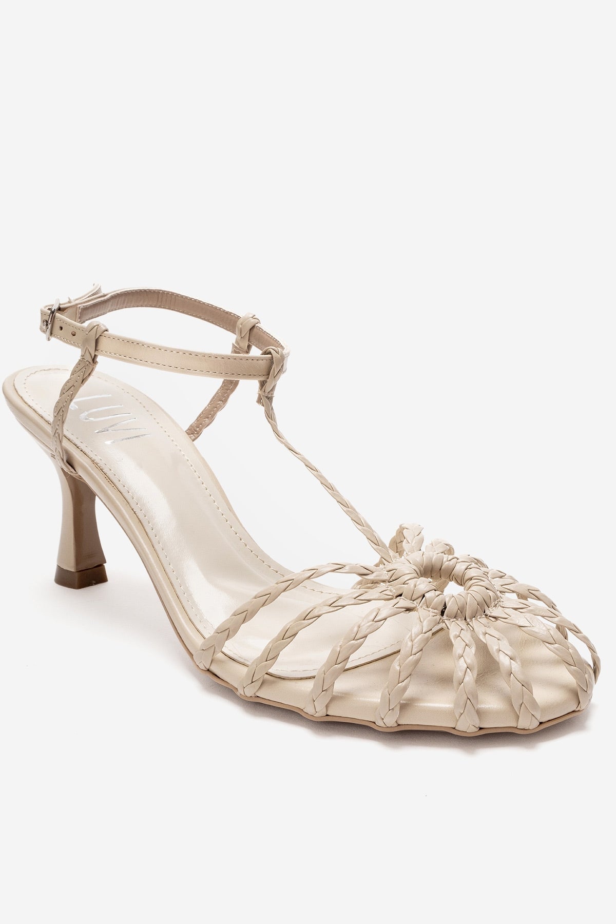 Gerald - Beige Genuine Leather Woven Strap Stiletto Pump – detail view showing leather, Vowalisse