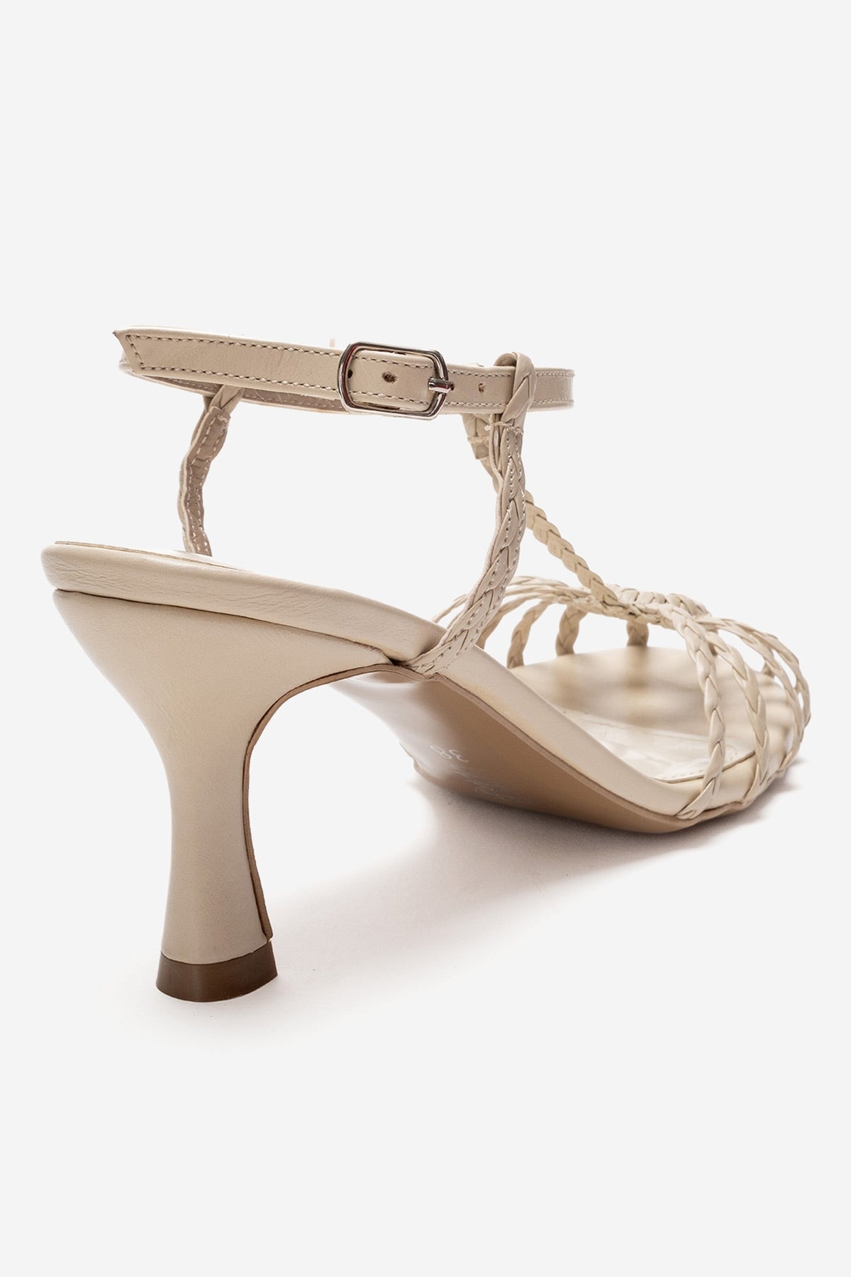 Gerald - Beige Genuine Leather Woven Strap Stiletto Pump – back view showing leather, Vowalisse