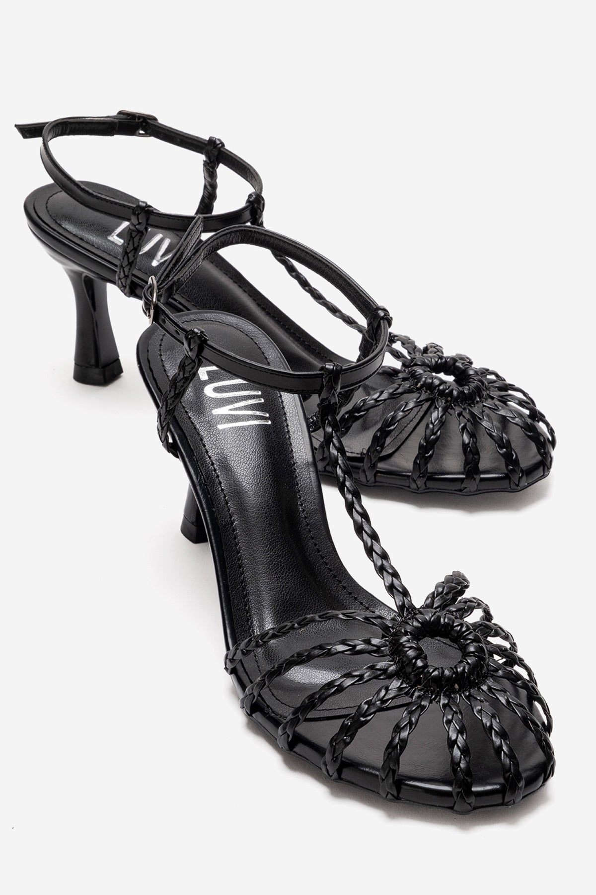 Gerald - Black Genuine Leather Woven Strap Stiletto Pump – front three-quarter view showing leather, black, Vowalisse