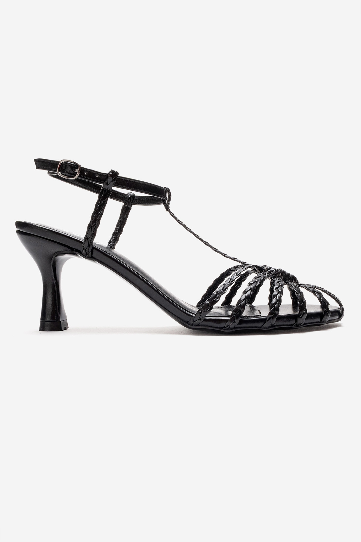Gerald - Black Genuine Leather Woven Strap Stiletto Pump – top view showing leather, black, Vowalisse