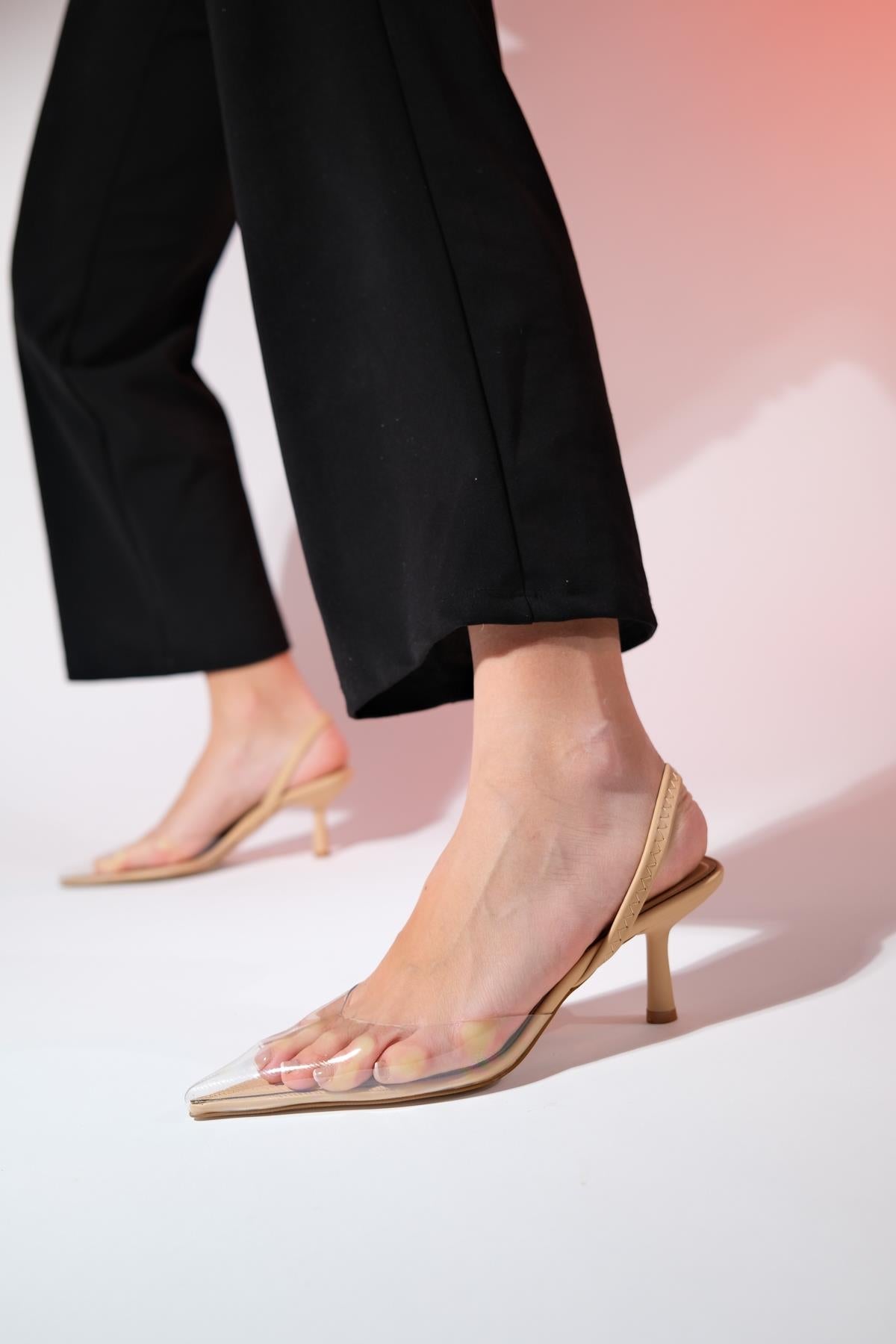 Nelson - Beige Transparent Backless Pointed Toe Stiletto – detail view showing leather, Vowalisse