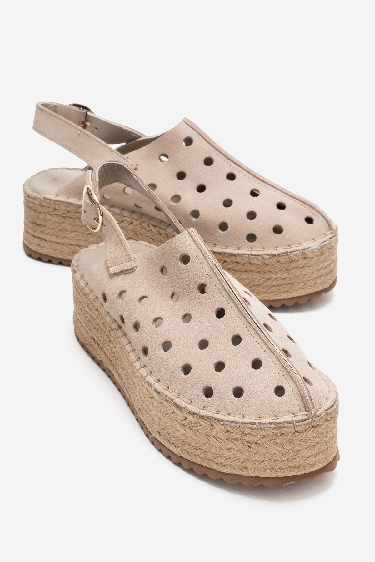 FRAGA - Beige Genuine Suede Leather Woven Platform Sandal – front three-quarter view showing leather, suede, red, Vowalisse