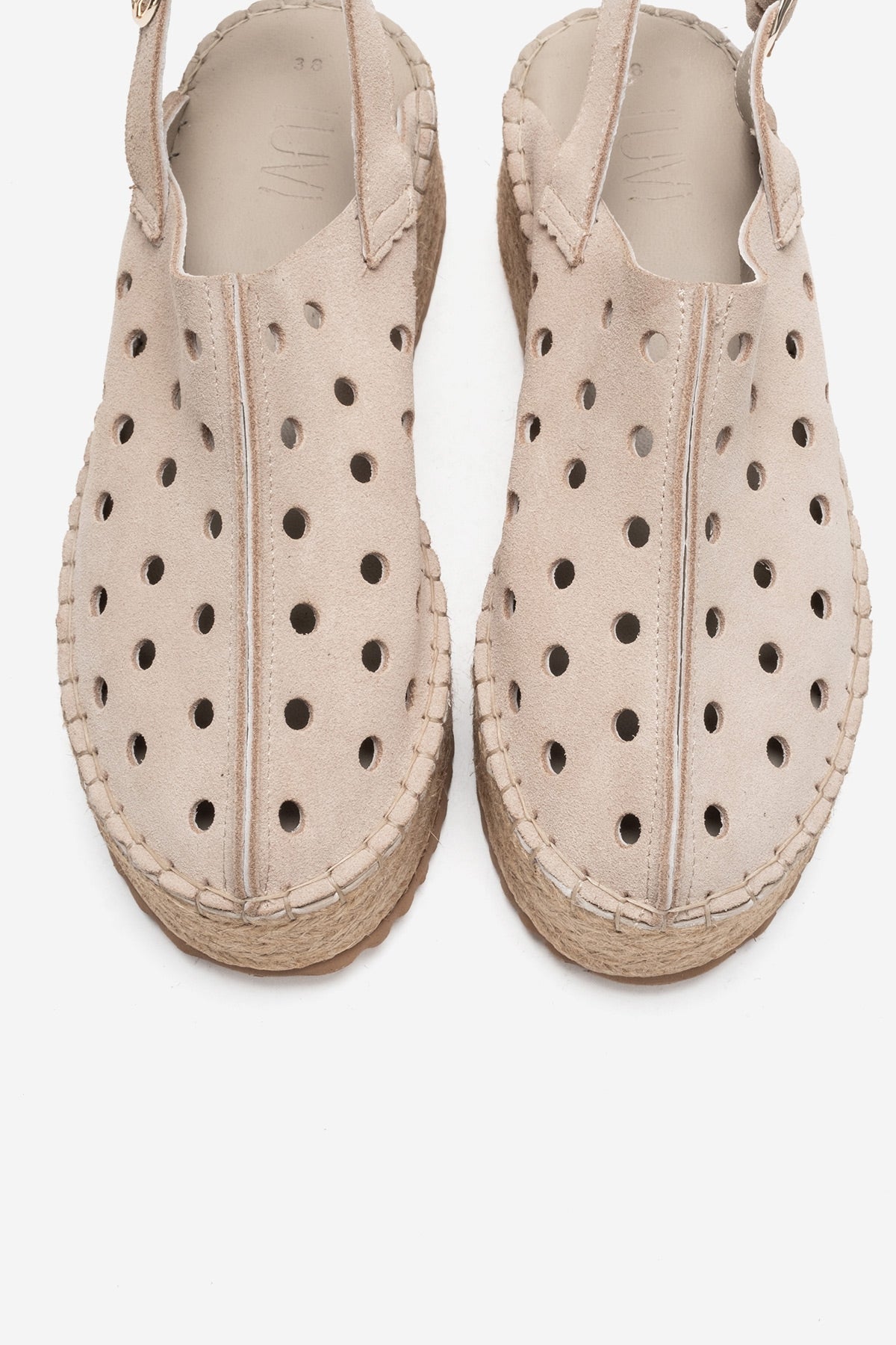 FRAGA - Beige Genuine Suede Leather Woven Platform Sandal – side view showing leather, suede, red, Vowalisse