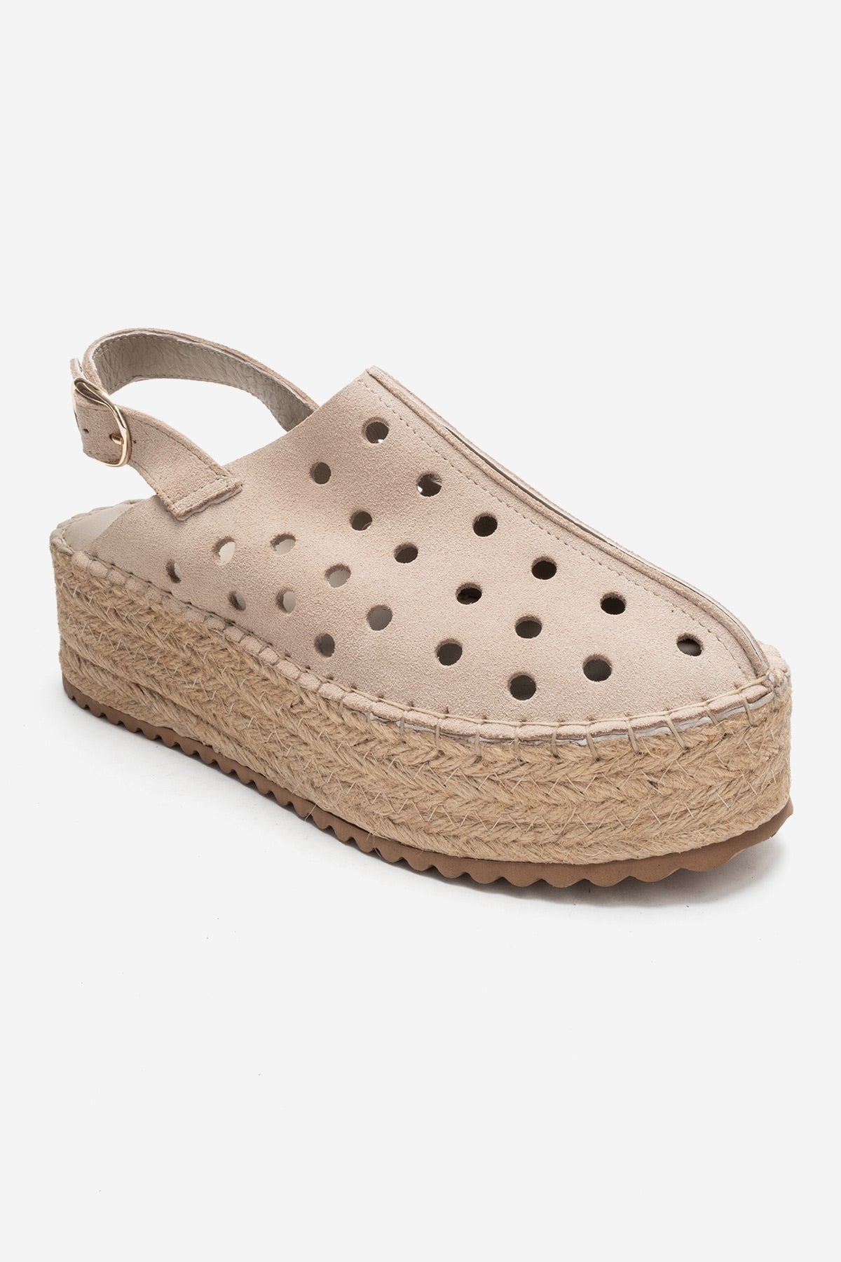 FRAGA - Beige Genuine Suede Leather Woven Platform Sandal – detail view showing leather, suede, red, Vowalisse