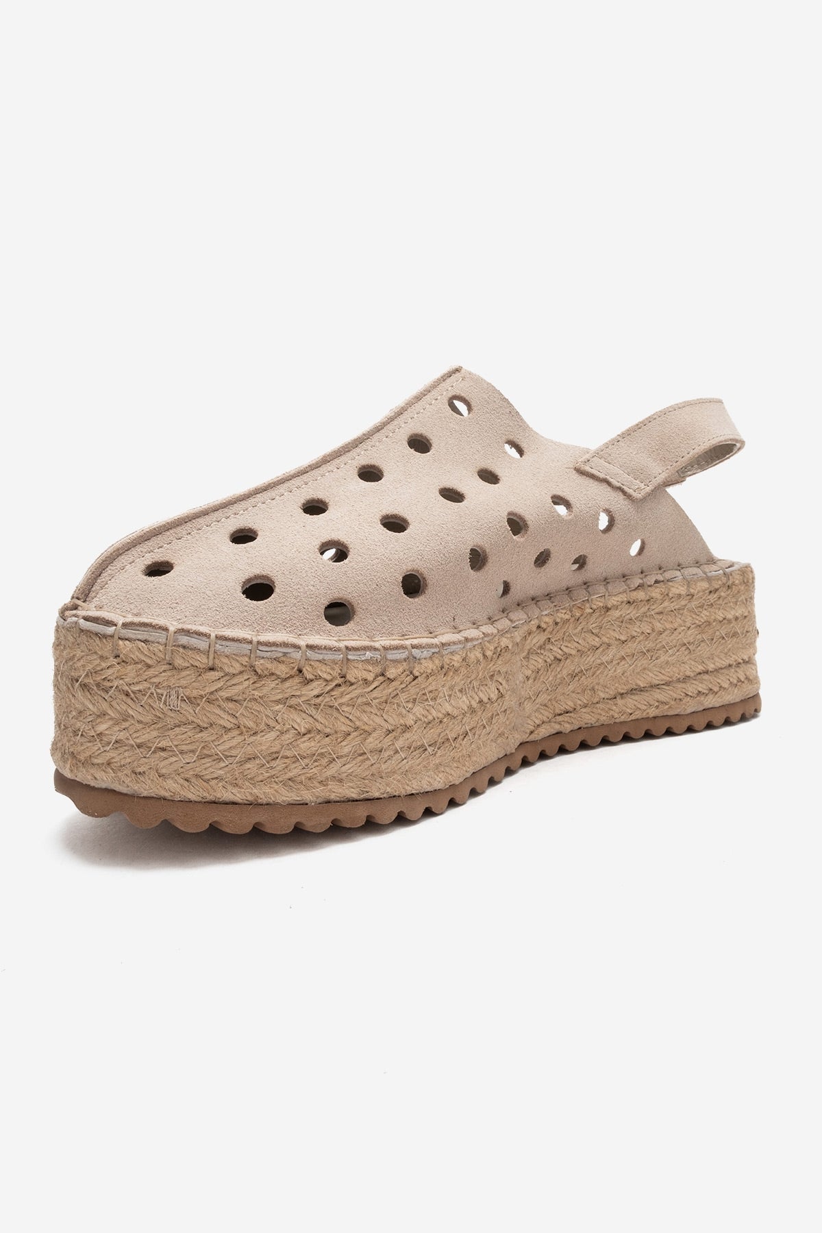 FRAGA - Beige Genuine Suede Leather Woven Platform Sandal – heel view showing leather, suede, red, Vowalisse