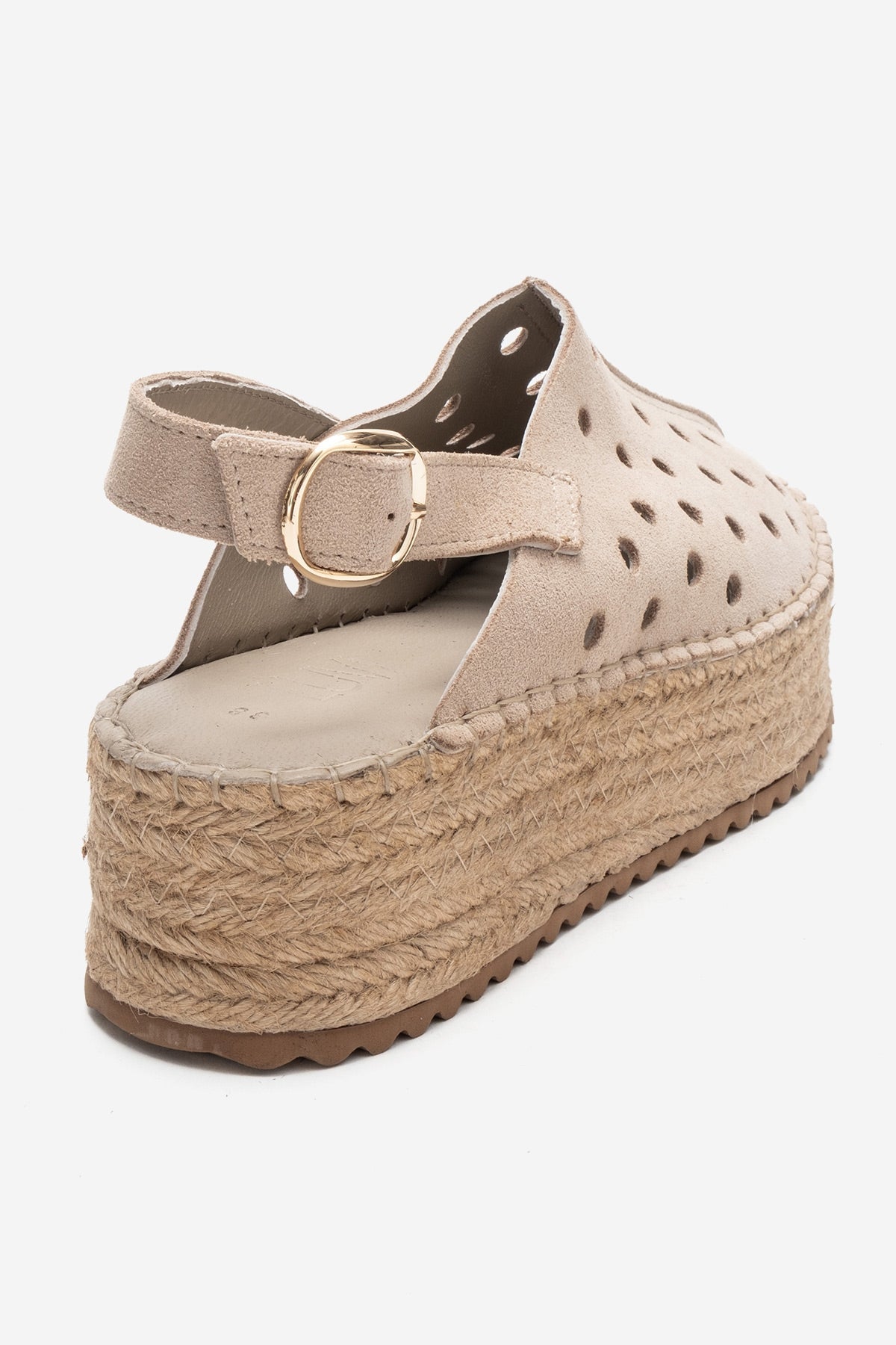 FRAGA - Beige Genuine Suede Leather Woven Platform Sandal – back view showing leather, suede, red, Vowalisse