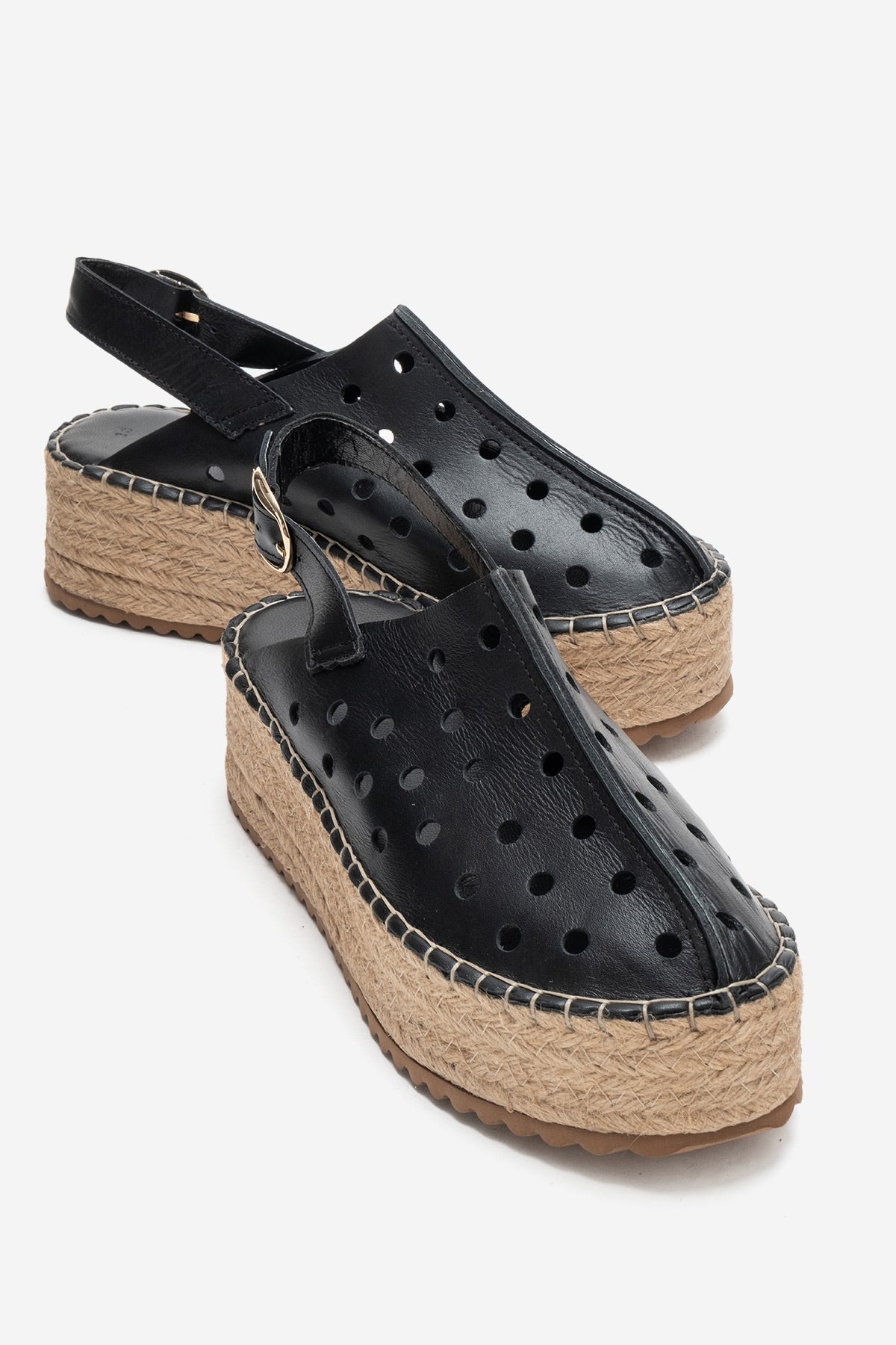 FRAGA - Black Genuine Leather Woven Platform Sandal – front three-quarter view showing leather, black, Vowalisse