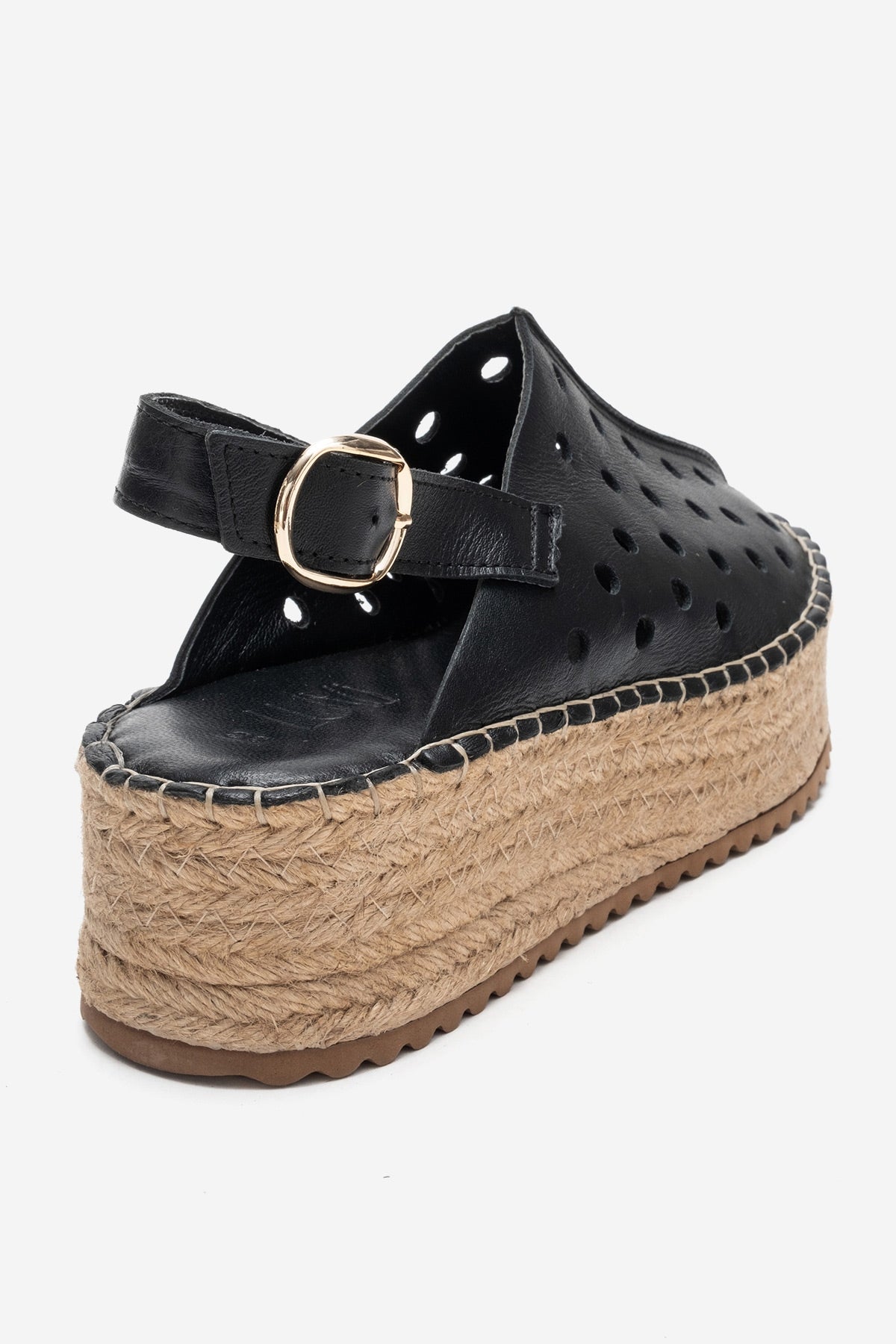 FRAGA - Black Genuine Leather Woven Platform Sandal – back view showing leather, black, Vowalisse