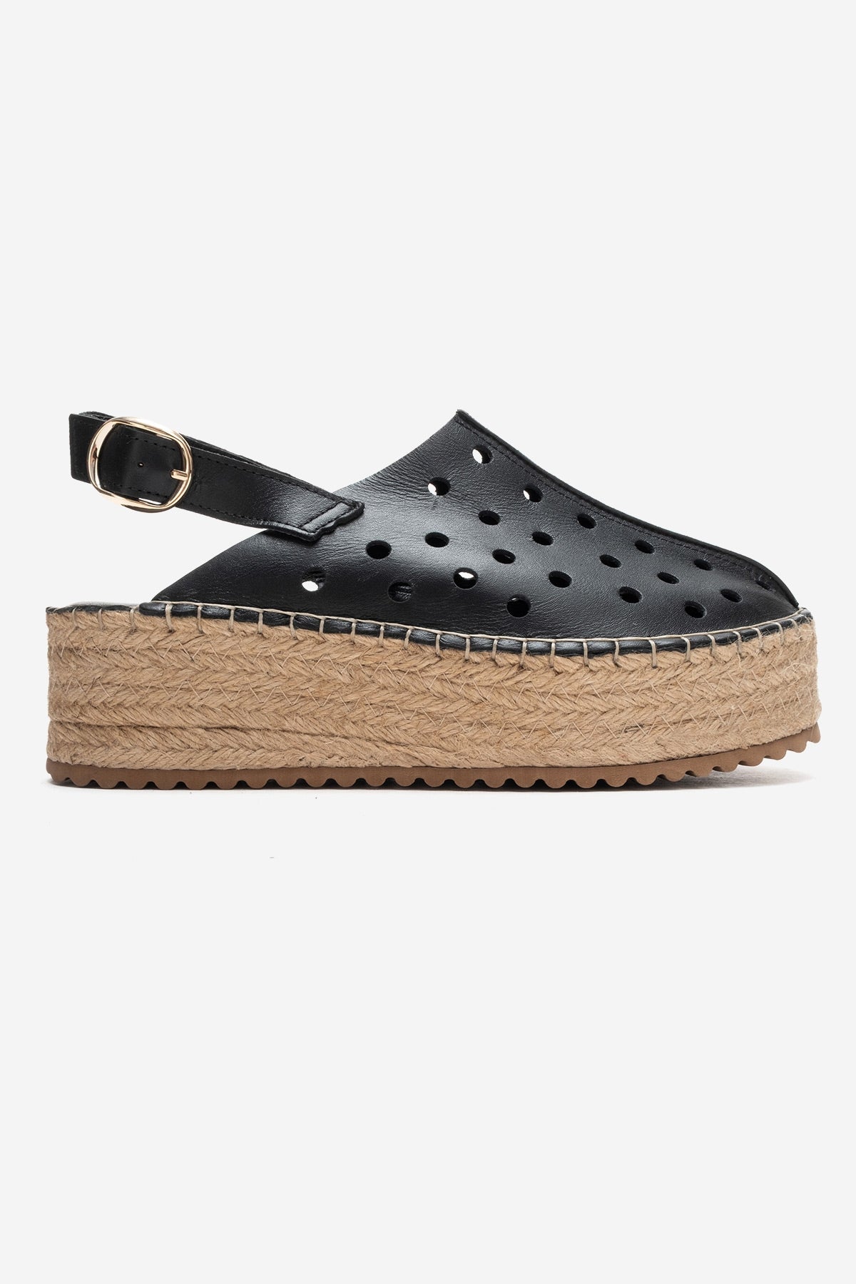 FRAGA - Black Genuine Leather Woven Platform Sandal – top view showing leather, black, Vowalisse