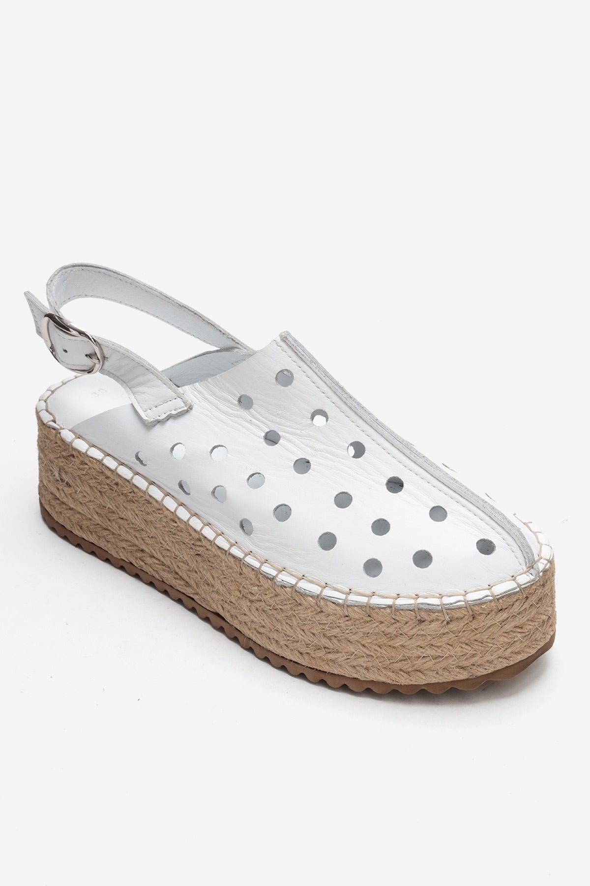 FRAGA - White Genuine Leather Wedge Sandal – detail view showing leather, white, Vowalisse
