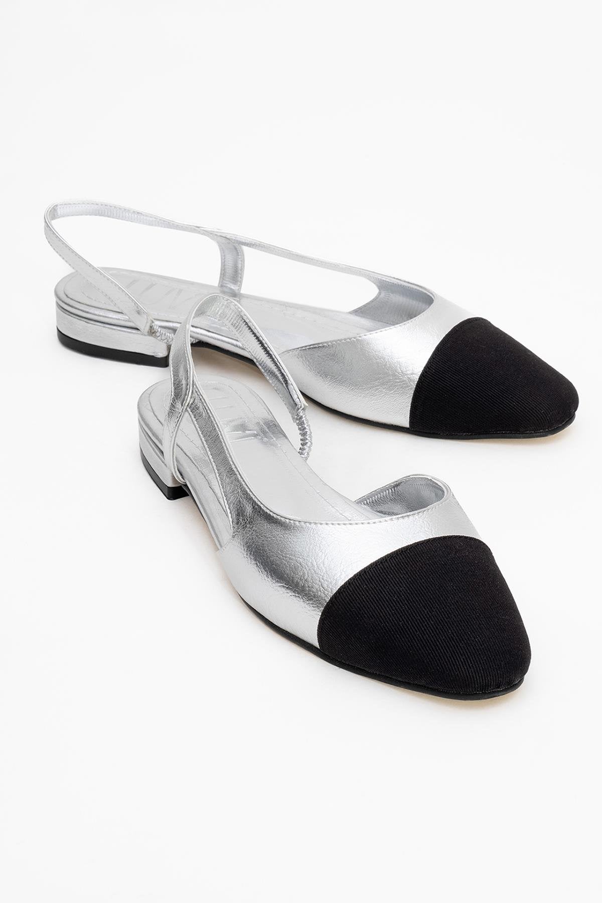 Lujo - Silver Backless Ballet Flat – front three-quarter view showing leather, silver, Vowalisse