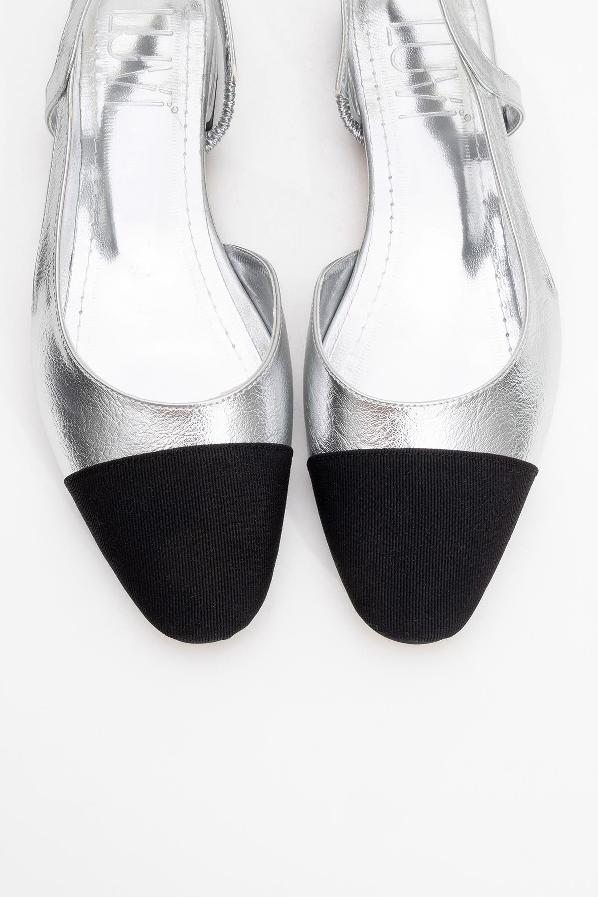 Lujo - Silver Backless Ballet Flat – side view showing leather, silver, Vowalisse