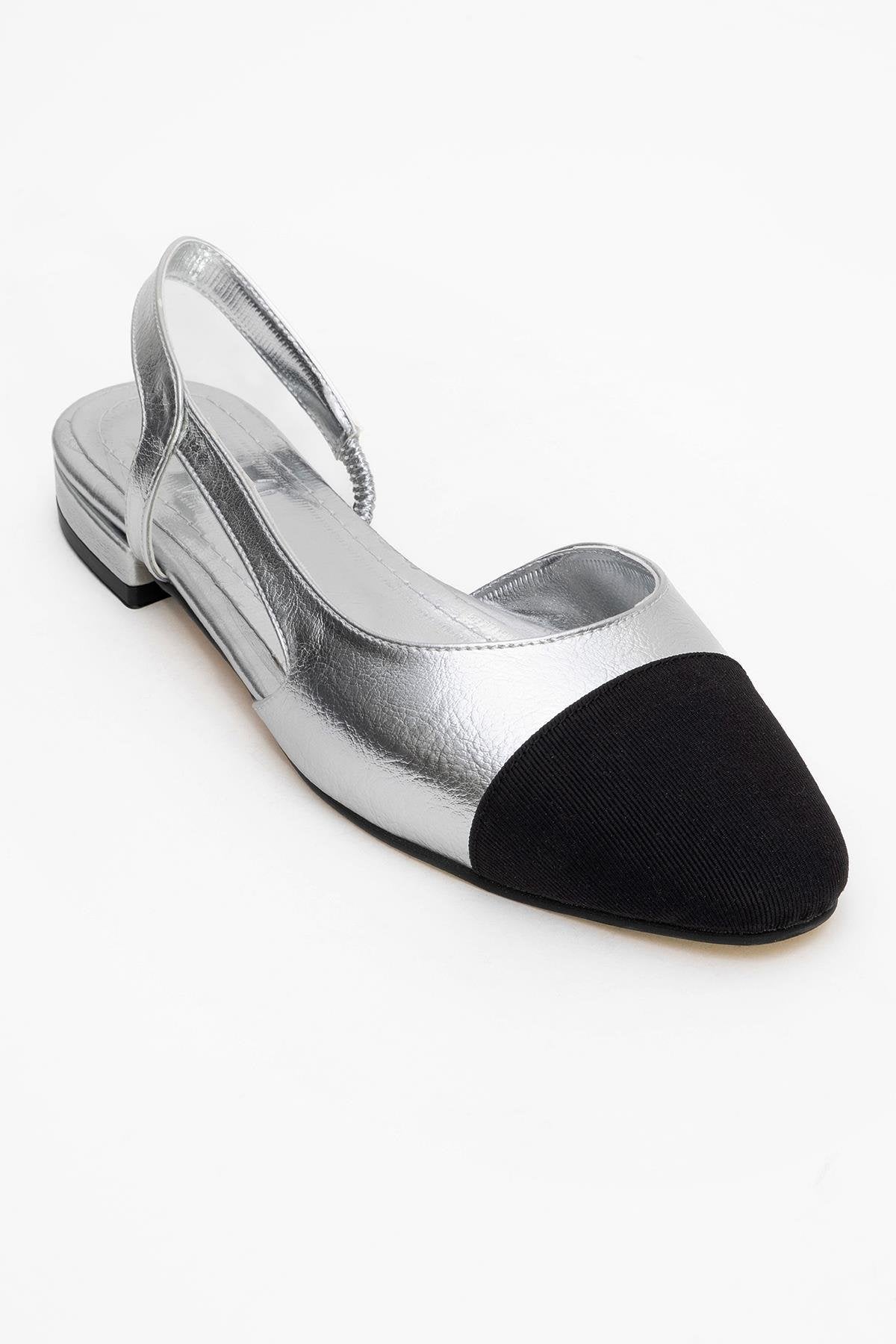Lujo - Silver Backless Ballet Flat – detail view showing leather, silver, Vowalisse