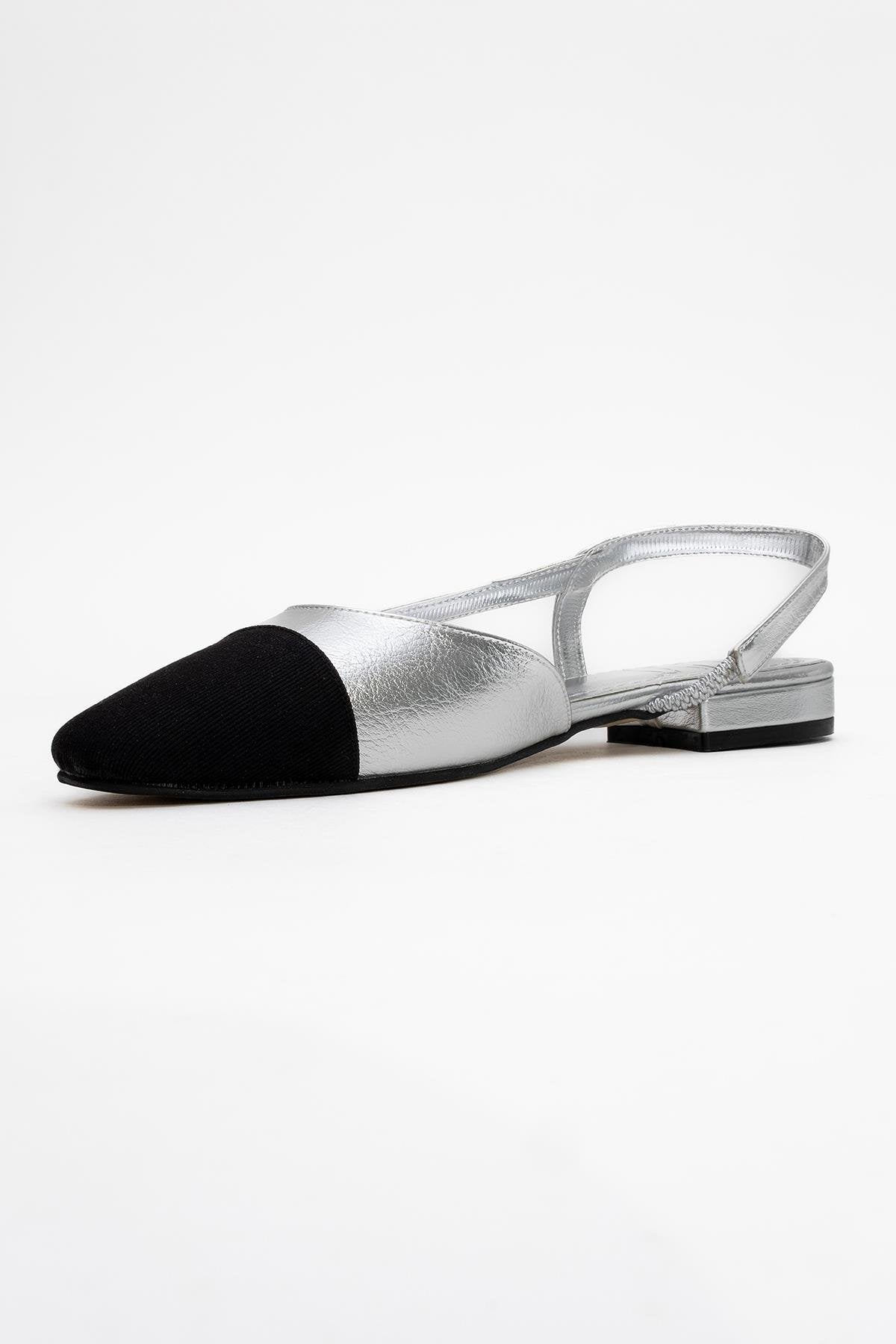 Lujo - Silver Backless Ballet Flat – heel view showing leather, silver, Vowalisse