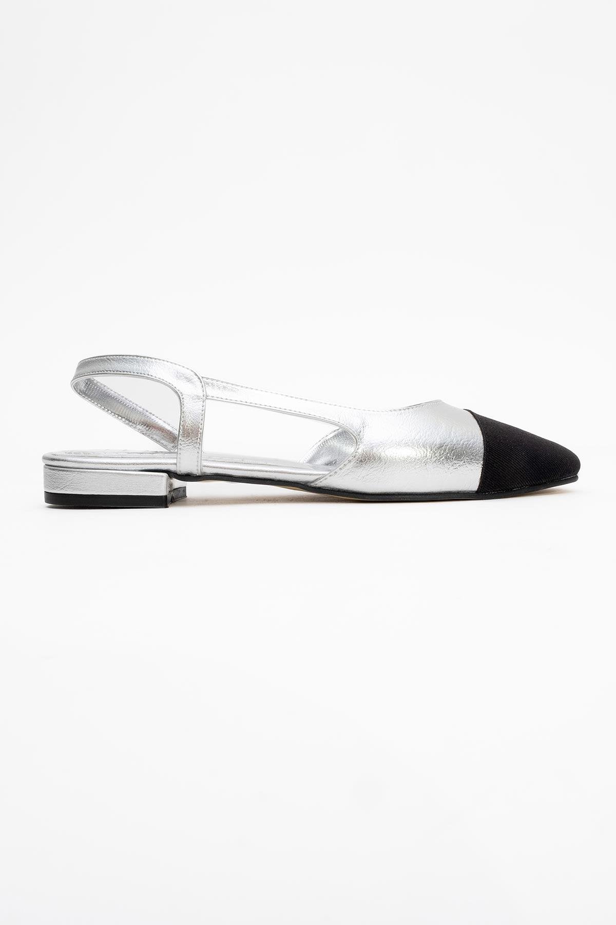 Lujo - Silver Backless Ballet Flat – top view showing leather, silver, Vowalisse