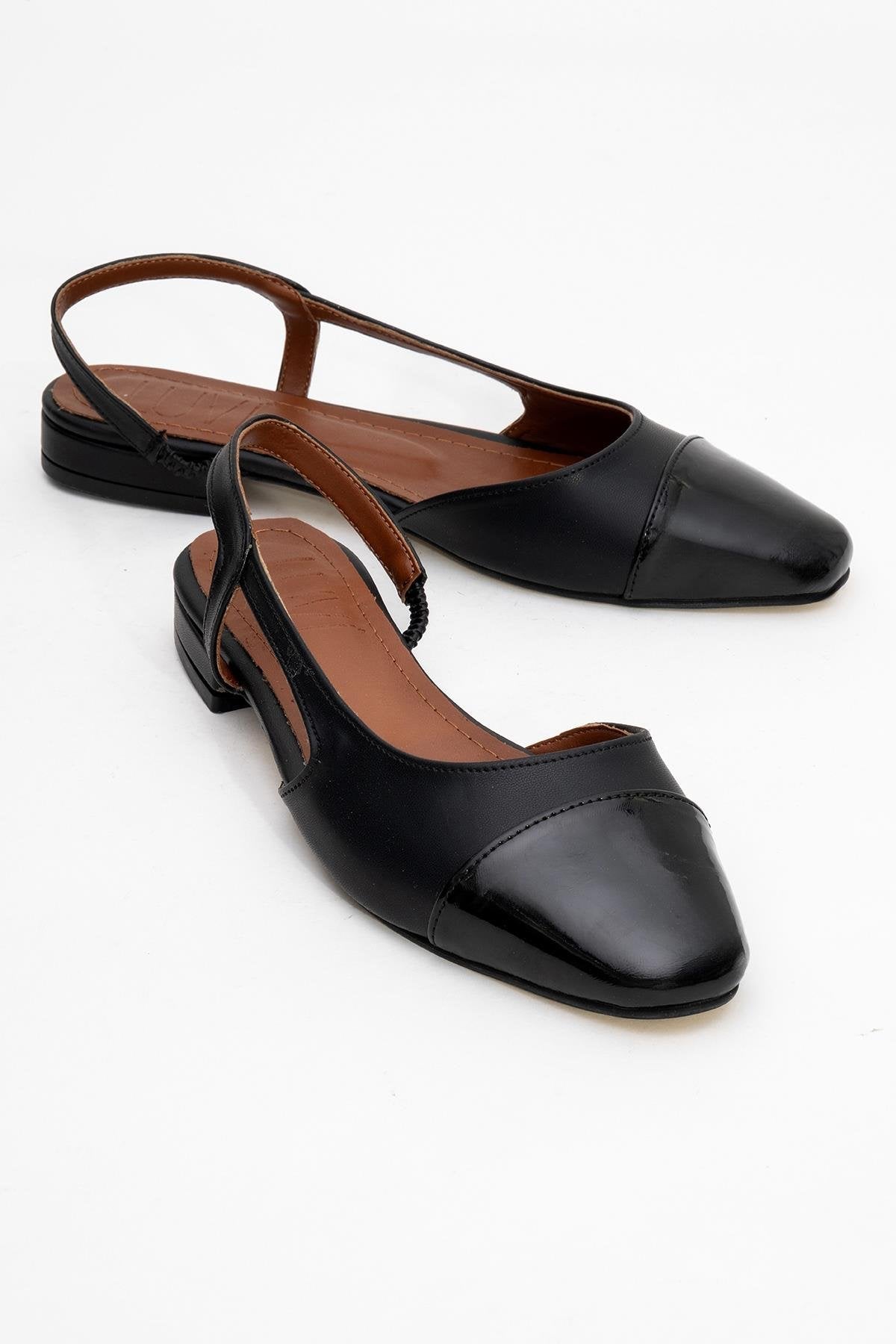 Lujo - Black Backless Ballet Flat – front three-quarter view showing leather, black, Vowalisse