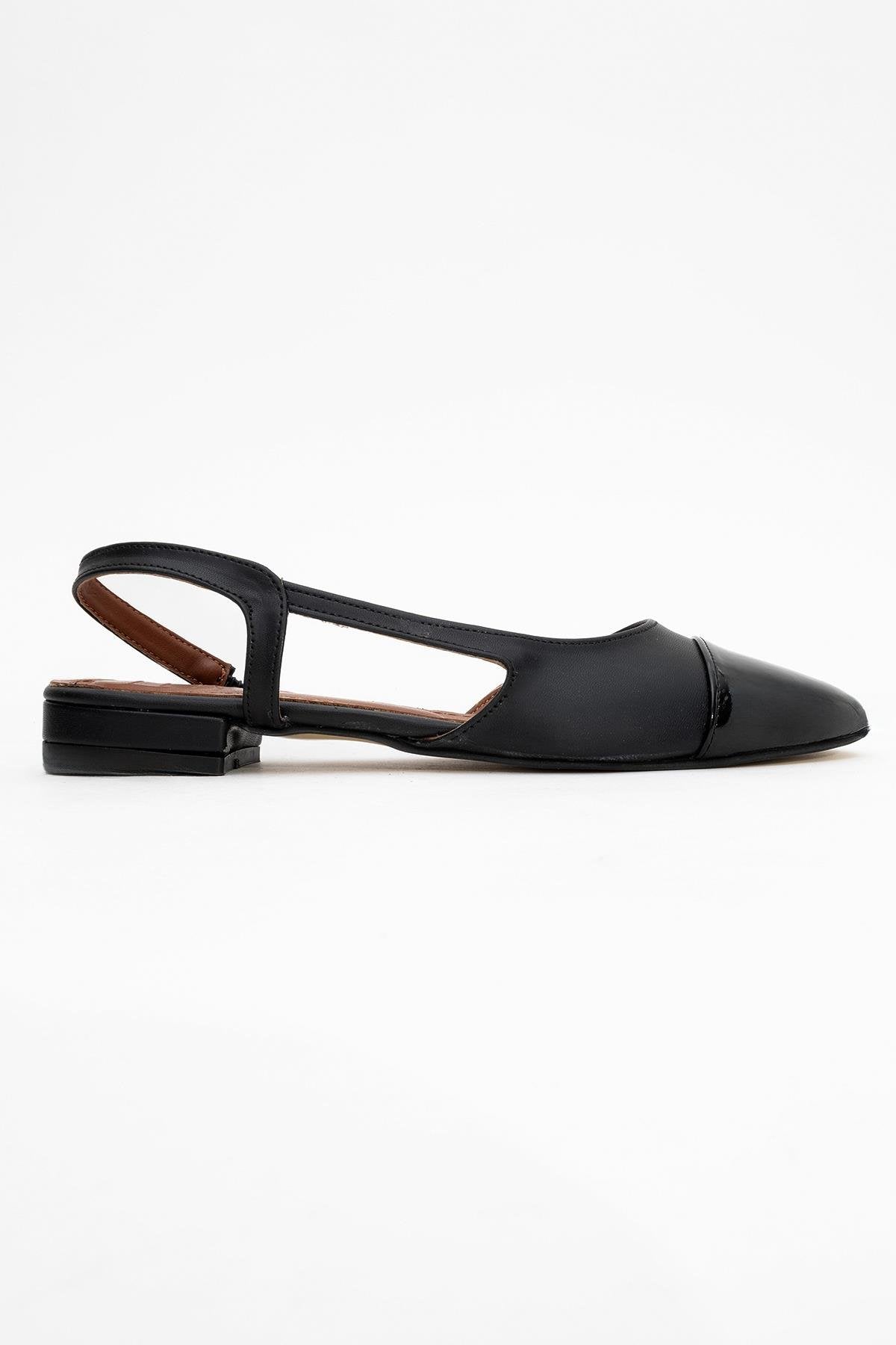 Lujo - Black Backless Ballet Flat – top view showing leather, black, Vowalisse