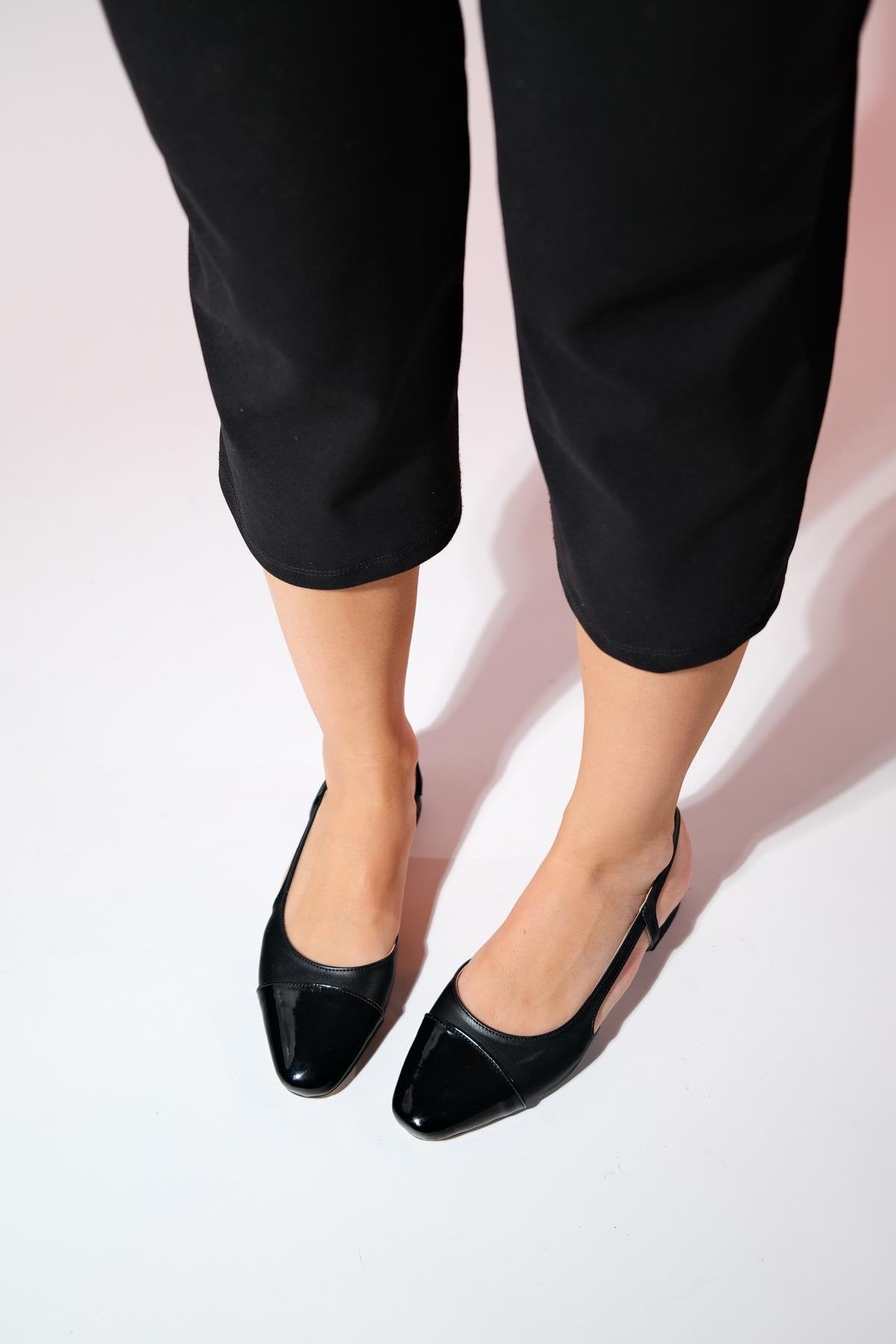 Lujo - Black Backless Ballet Flat – pair view showing leather, black, Vowalisse