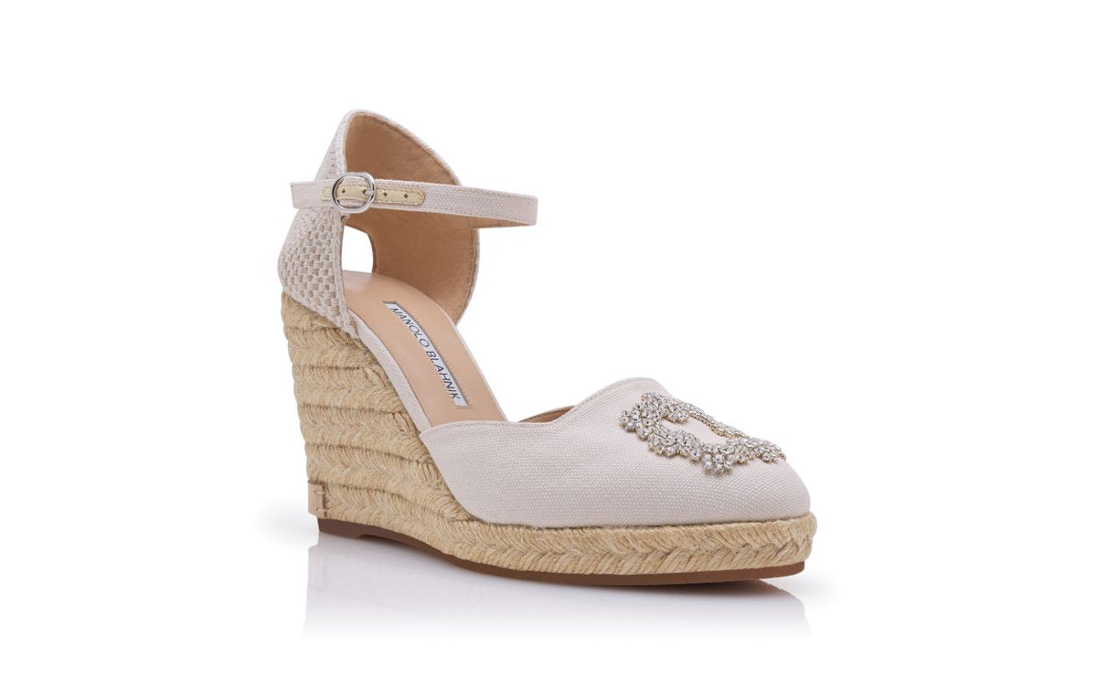 Estelle Halo White Crystal Buckle Espadrilles – top view showing white crystal buckle, crystal embellished, ankle strap…