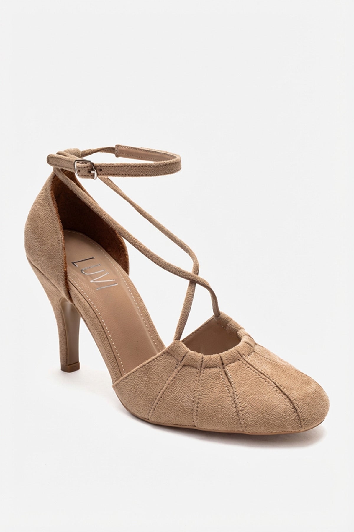 ELIZA - Beige Genuine Leather Stiletto Pump – detail view showing leather, suede, Vowalisse