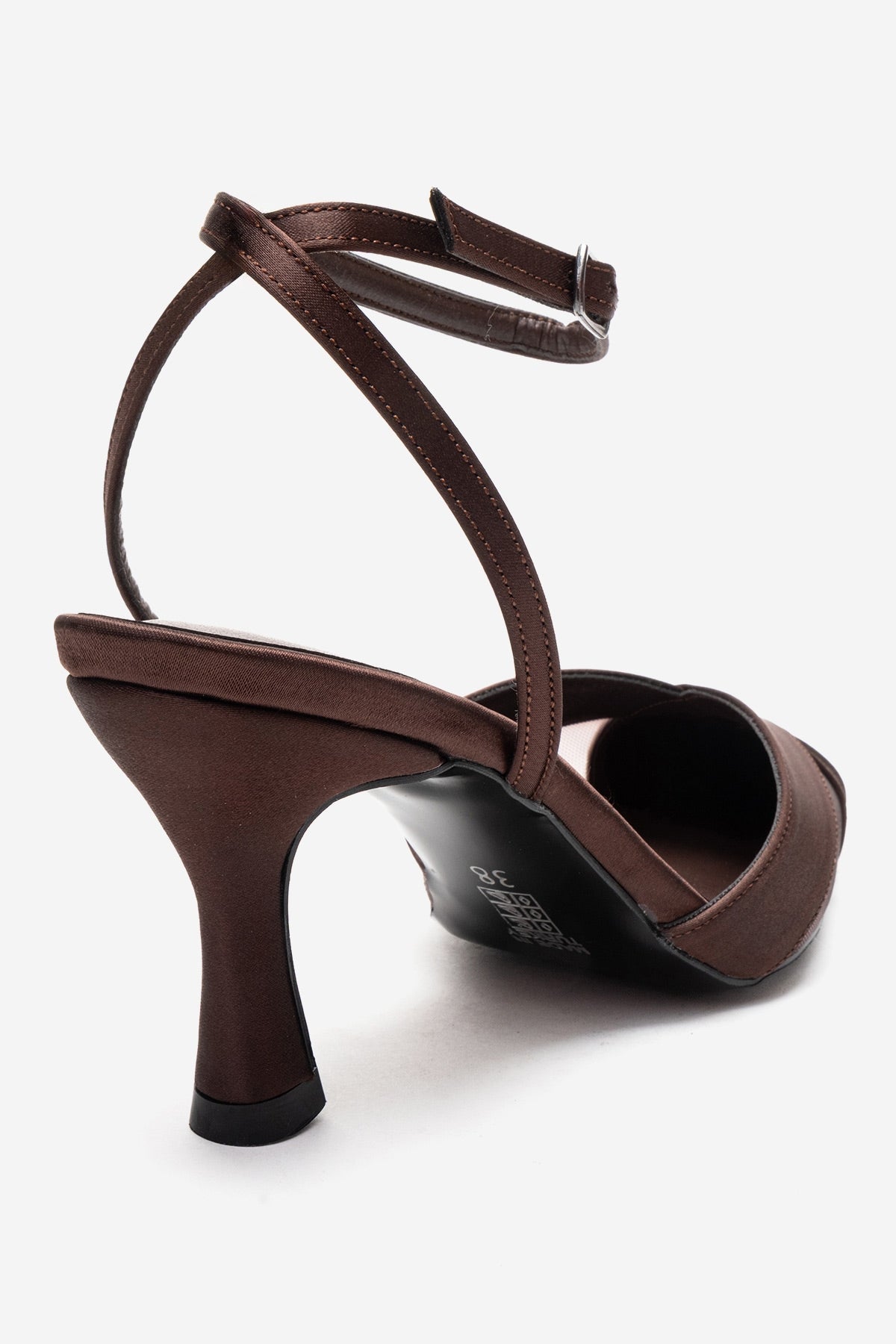 ESTELA - Brown Genuine Leather Stiletto Pump – back view showing satin, leather, mesh, Vowalisse