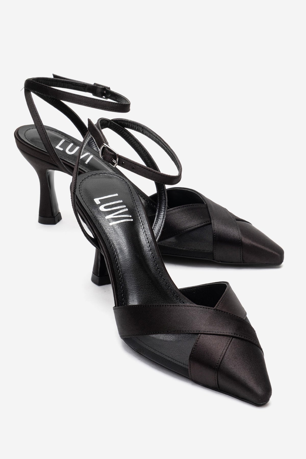 ESTELA - Black Genuine Leather Stiletto Pump – front three-quarter view showing satin, leather, mesh, Vowalisse