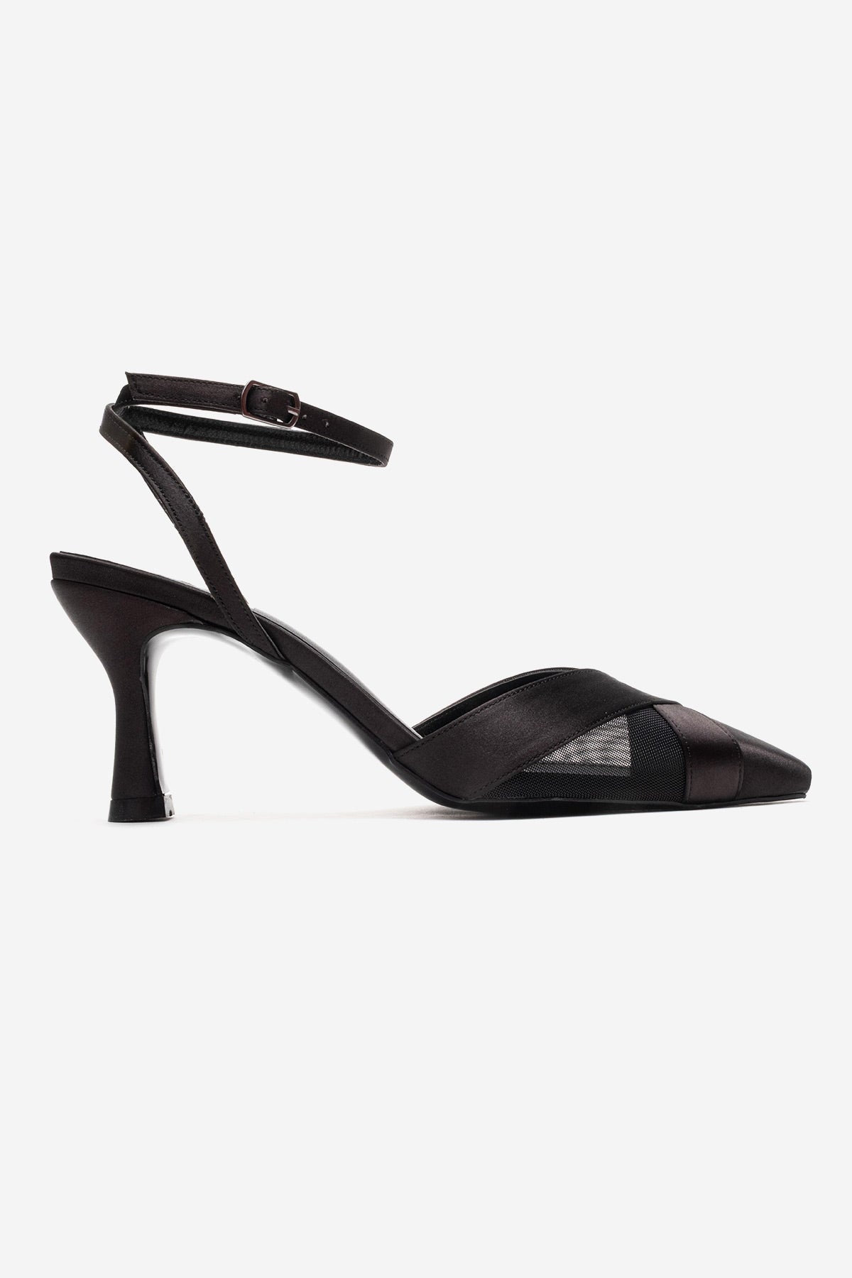 ESTELA - Black Genuine Leather Stiletto Pump – heel view showing satin, leather, mesh, Vowalisse