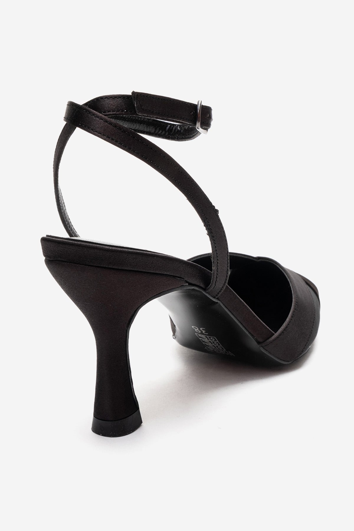ESTELA - Black Genuine Leather Stiletto Pump – back view showing satin, leather, mesh, Vowalisse
