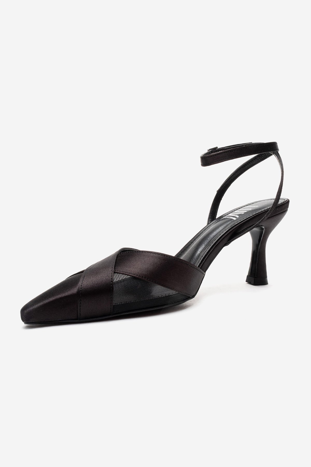 ESTELA - Black Genuine Leather Stiletto Pump – top view showing satin, leather, mesh, Vowalisse