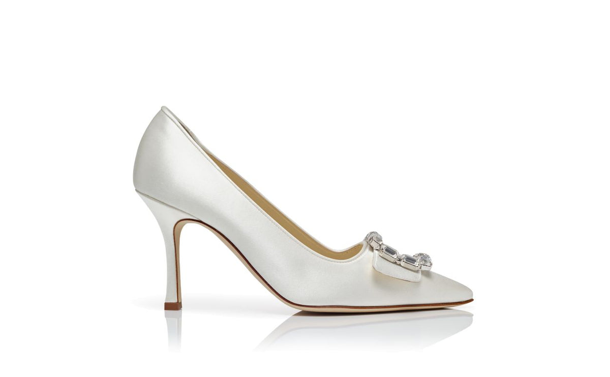 Clarisse Rose White Crystal Buckle Pumps – side profile showing white crystal buckle, pointed toe, satin, Vowalisse