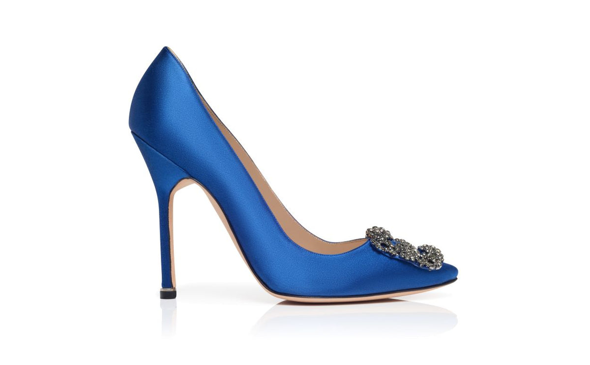 Delphine Pearl Blue Jewel Buckle Pumps – side profile showing blue jewel buckle, crystal buckle, almond toe, satin…