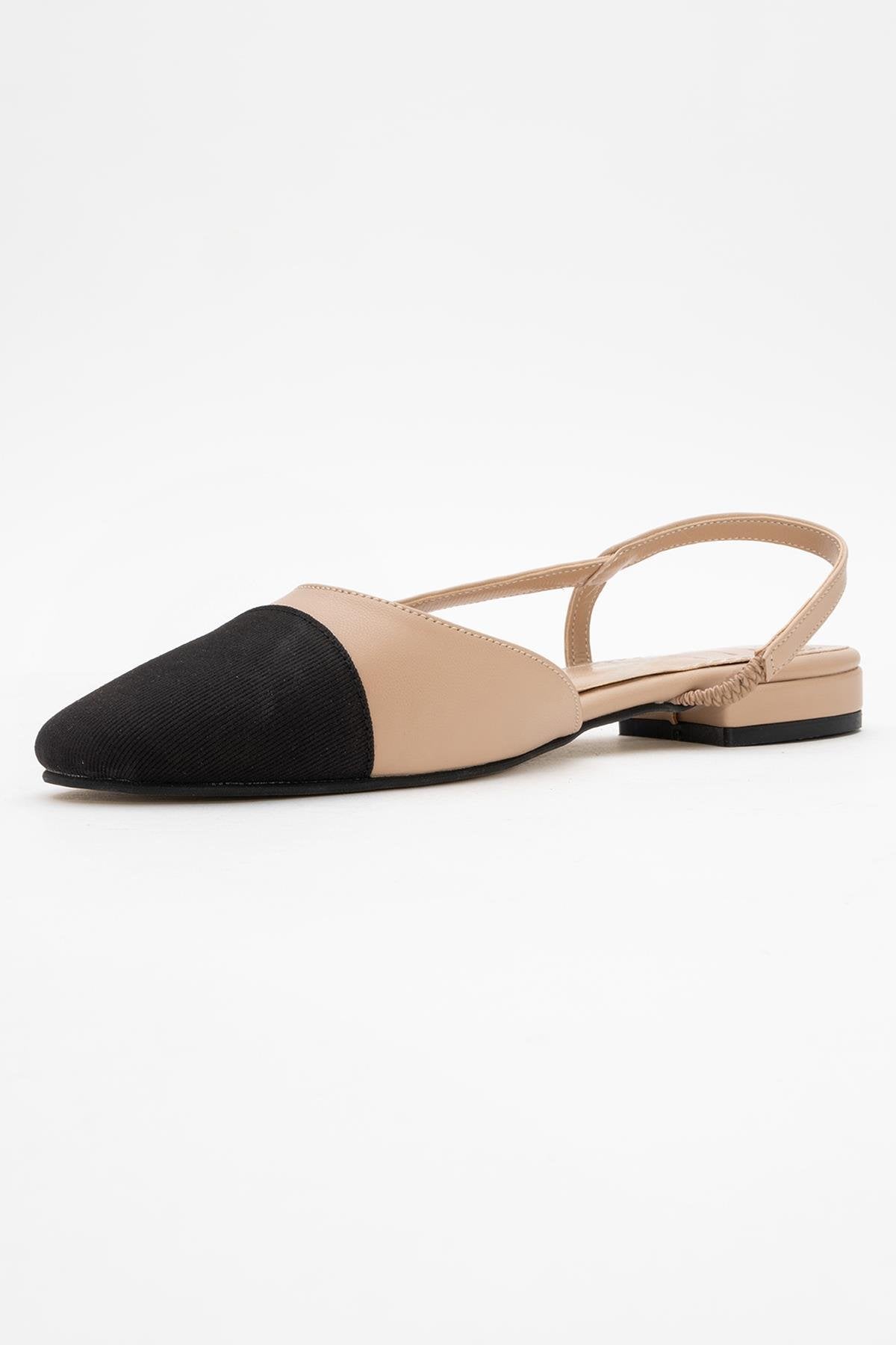 Lujo - Beige Backless Flat Ballerina – heel view showing leather, Vowalisse
