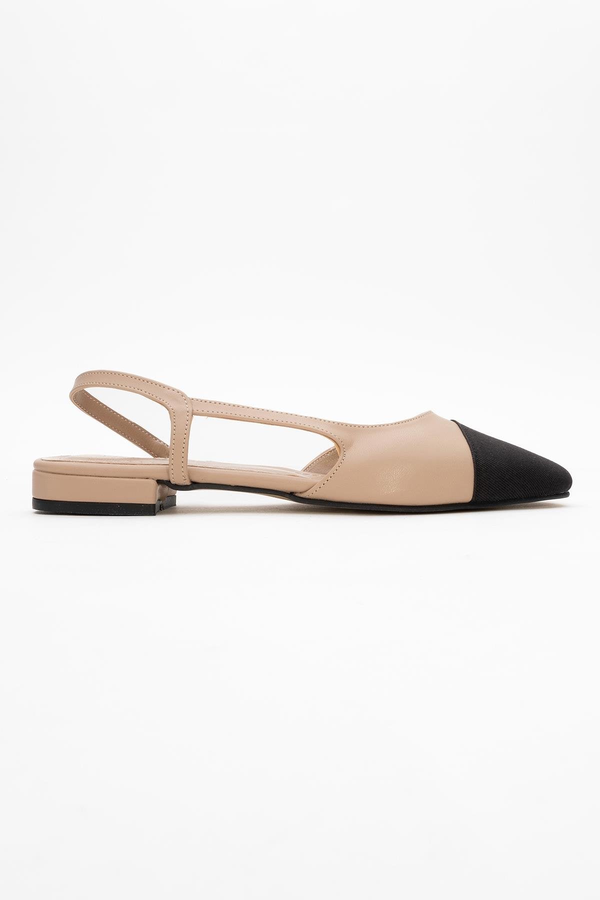 Lujo - Beige Backless Flat Ballerina – top view showing leather, Vowalisse