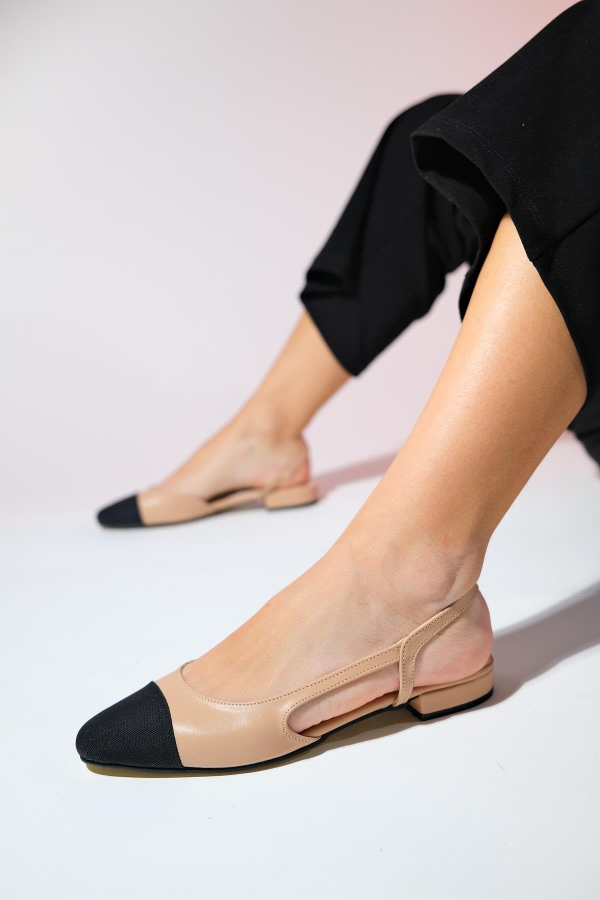 Lujo - Beige Backless Flat Ballerina – sole view showing leather, Vowalisse