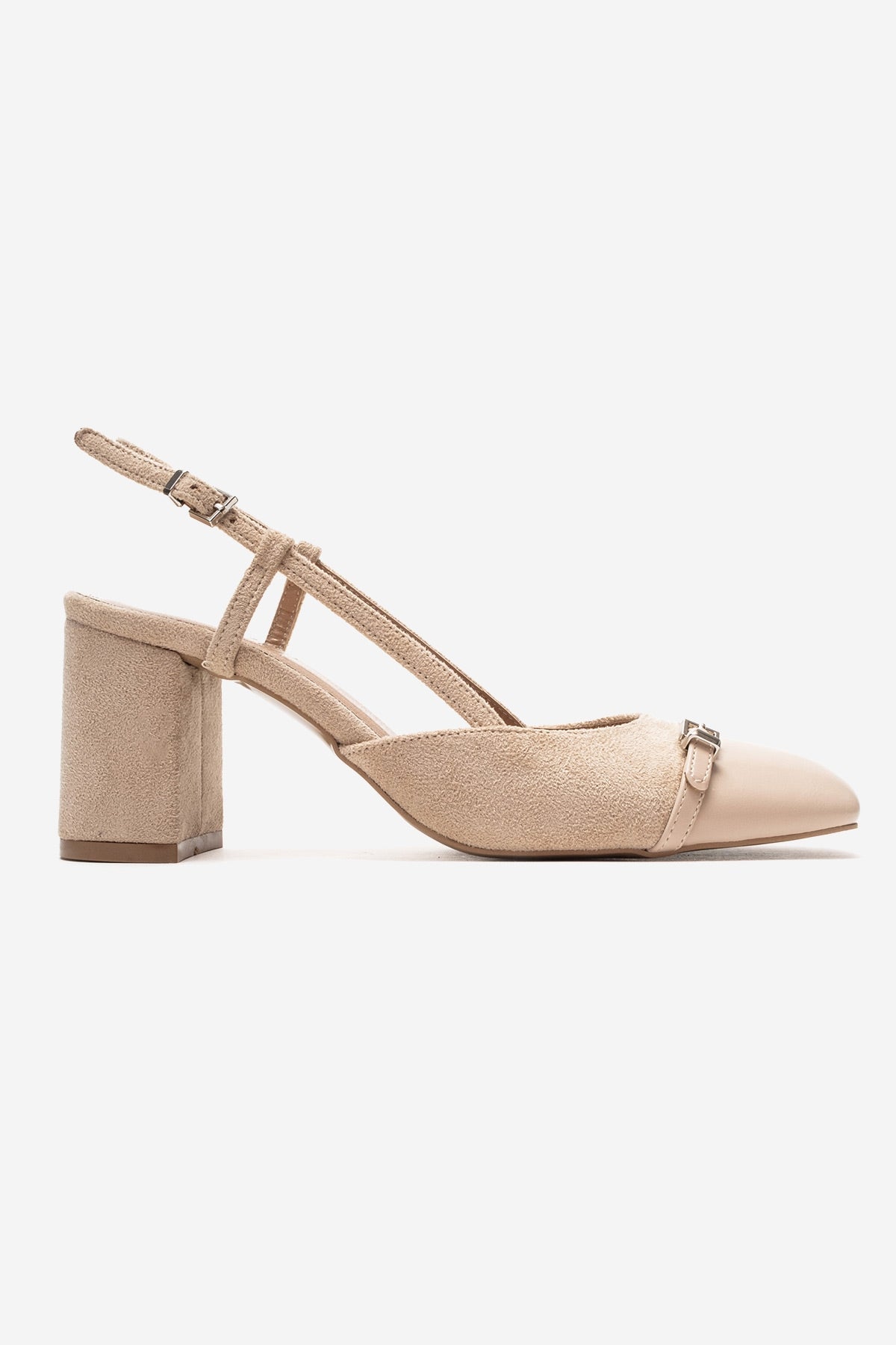 DESIA - Beige Block Heel Shoe – heel view showing leather, suede, Vowalisse