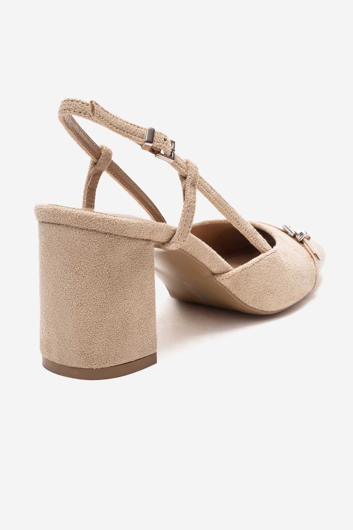 DESIA - Beige Block Heel Shoe – back view showing leather, suede, Vowalisse