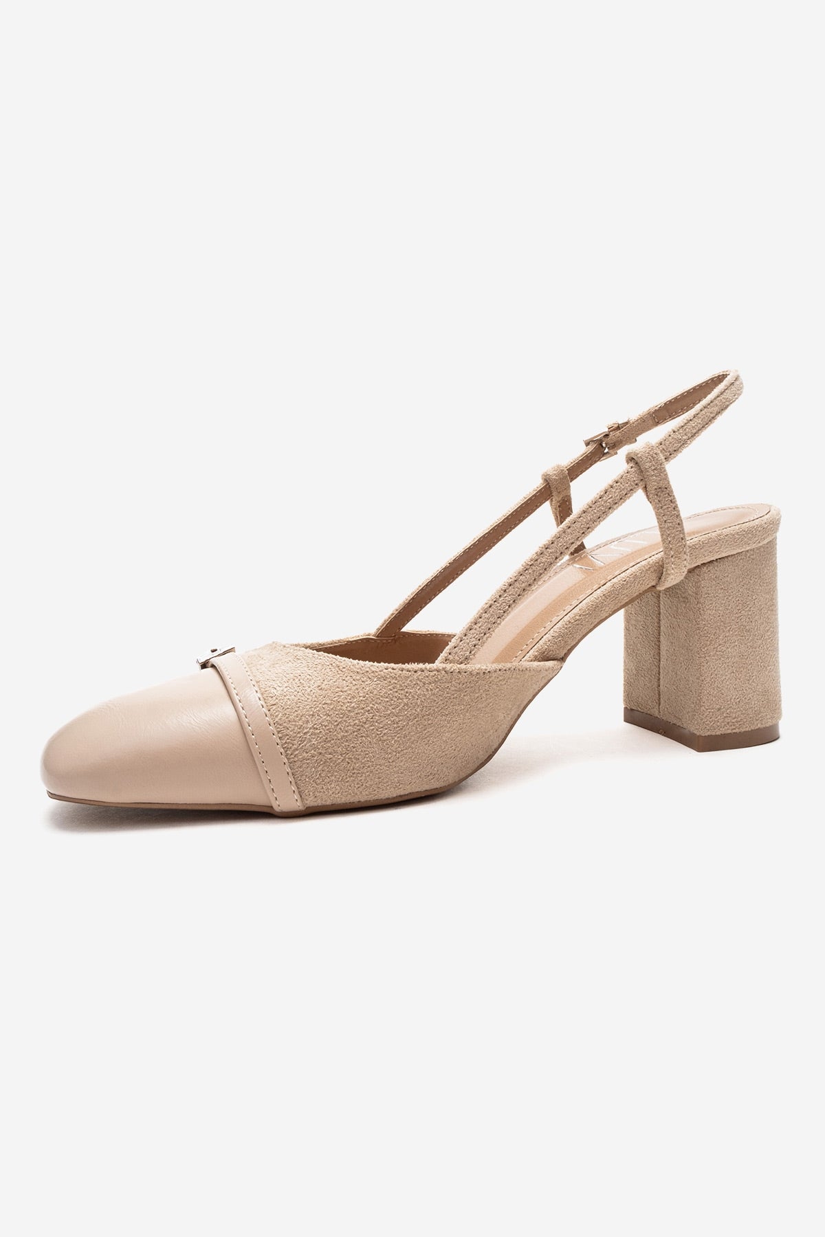 DESIA - Beige Block Heel Shoe – top view showing leather, suede, Vowalisse