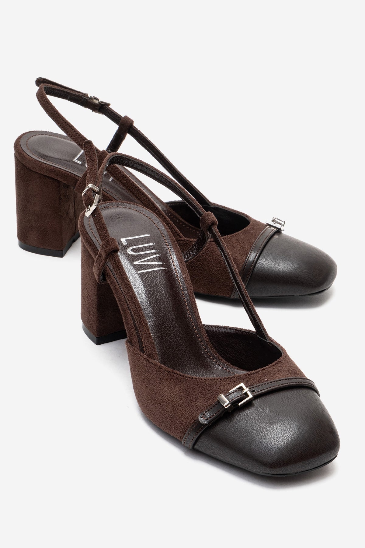 DESIA - Brown Block Heel Shoe – front three-quarter view showing leather, suede, red, Vowalisse
