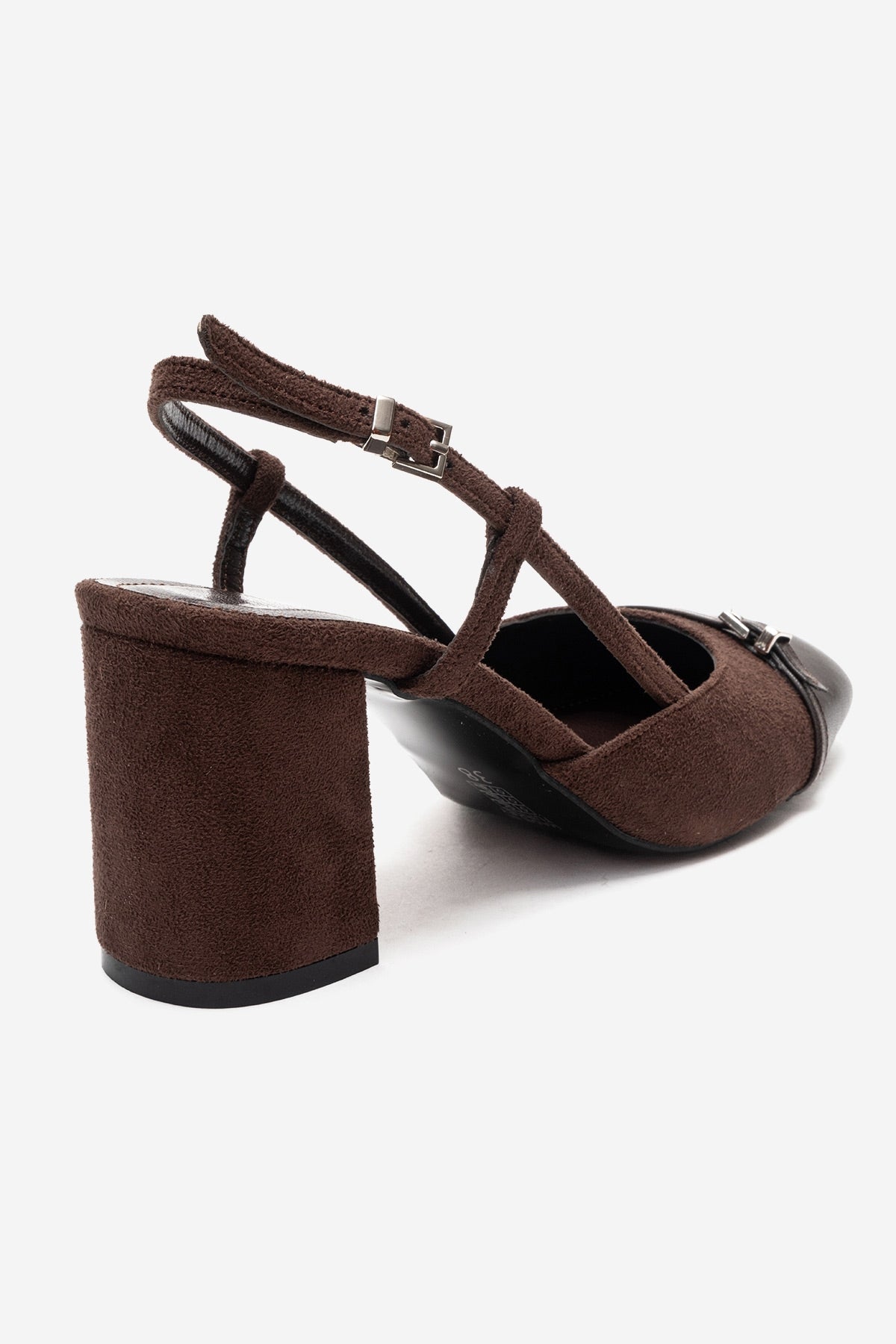 DESIA - Brown Block Heel Shoe – back view showing leather, suede, red, Vowalisse