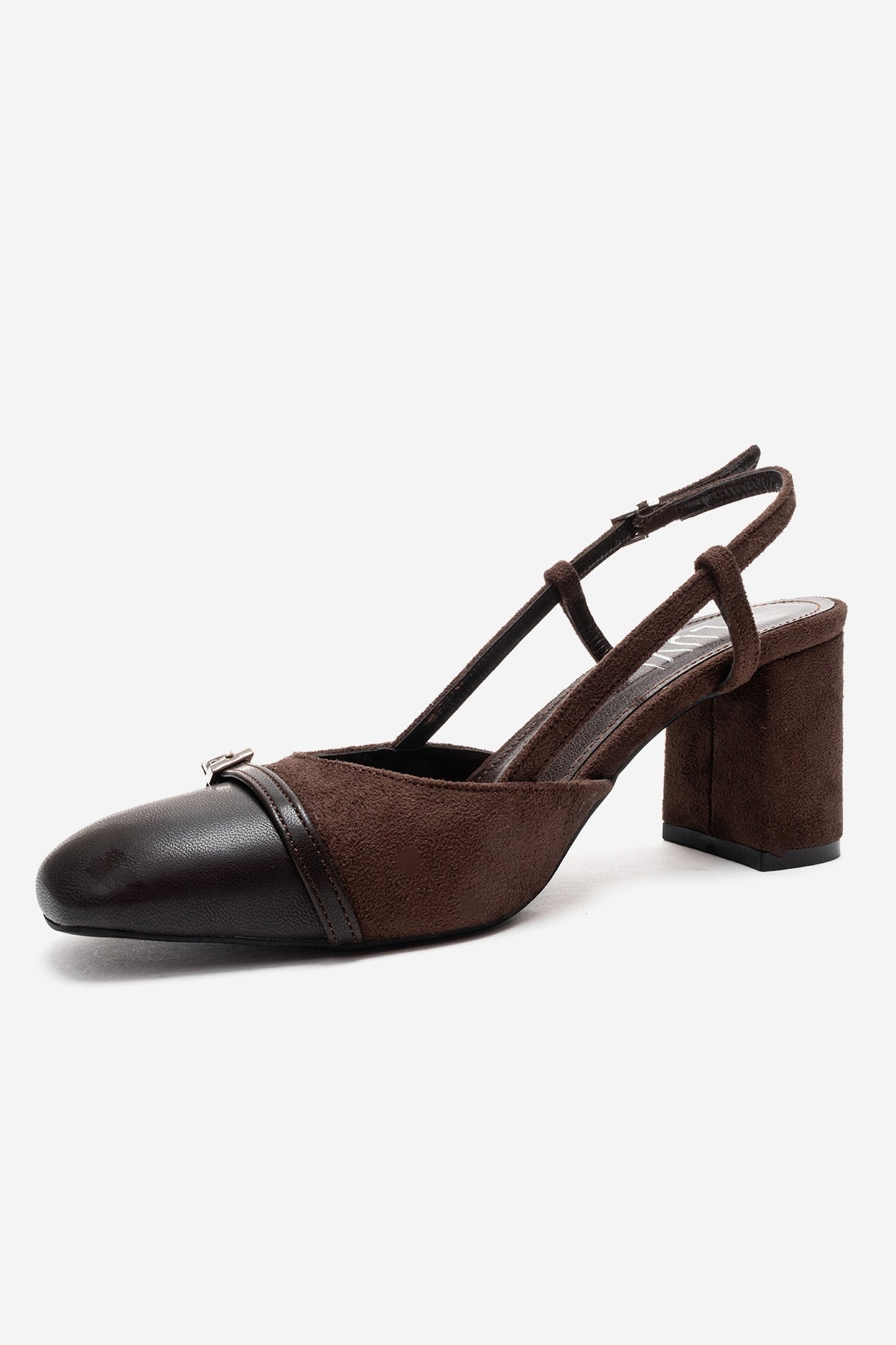 DESIA - Brown Block Heel Shoe – top view showing leather, suede, red, Vowalisse